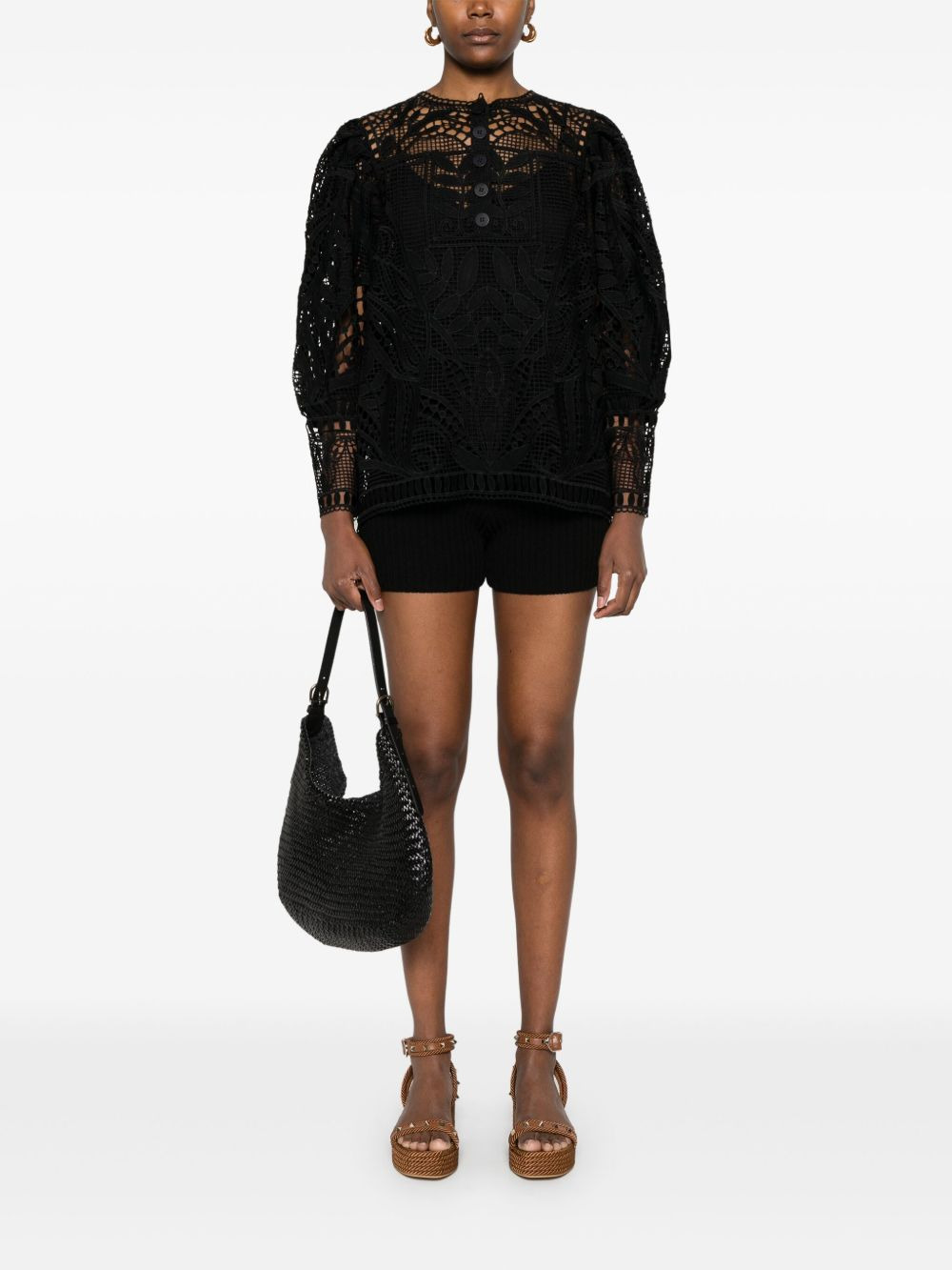 guipure-lace puff-sleeve blouse - 2