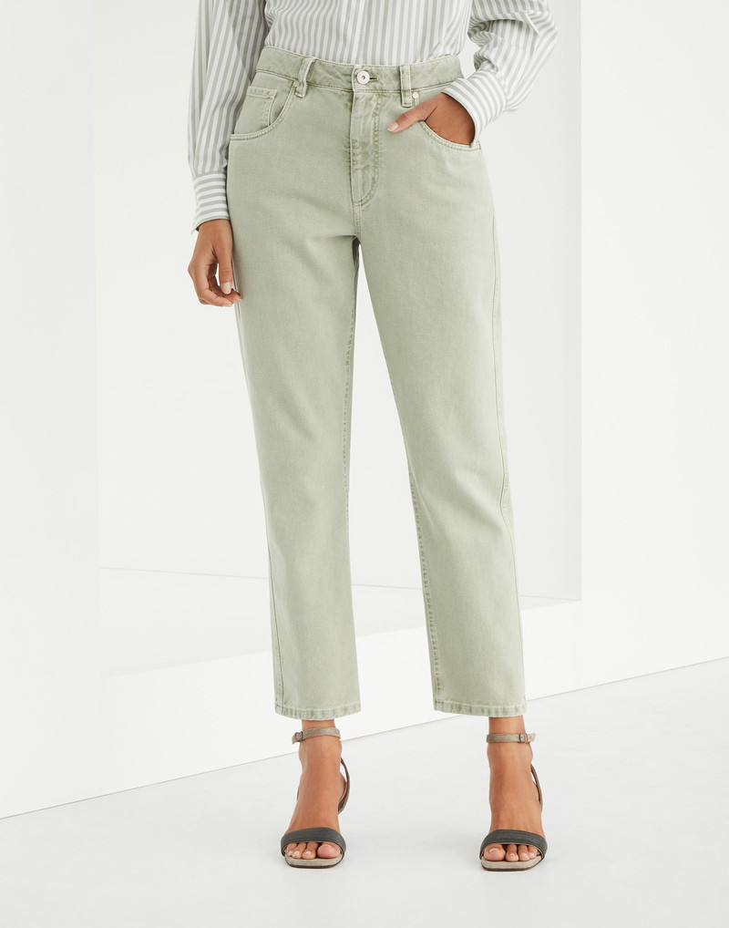 Stretch dyed denim straight trousers with shiny bartack - 1
