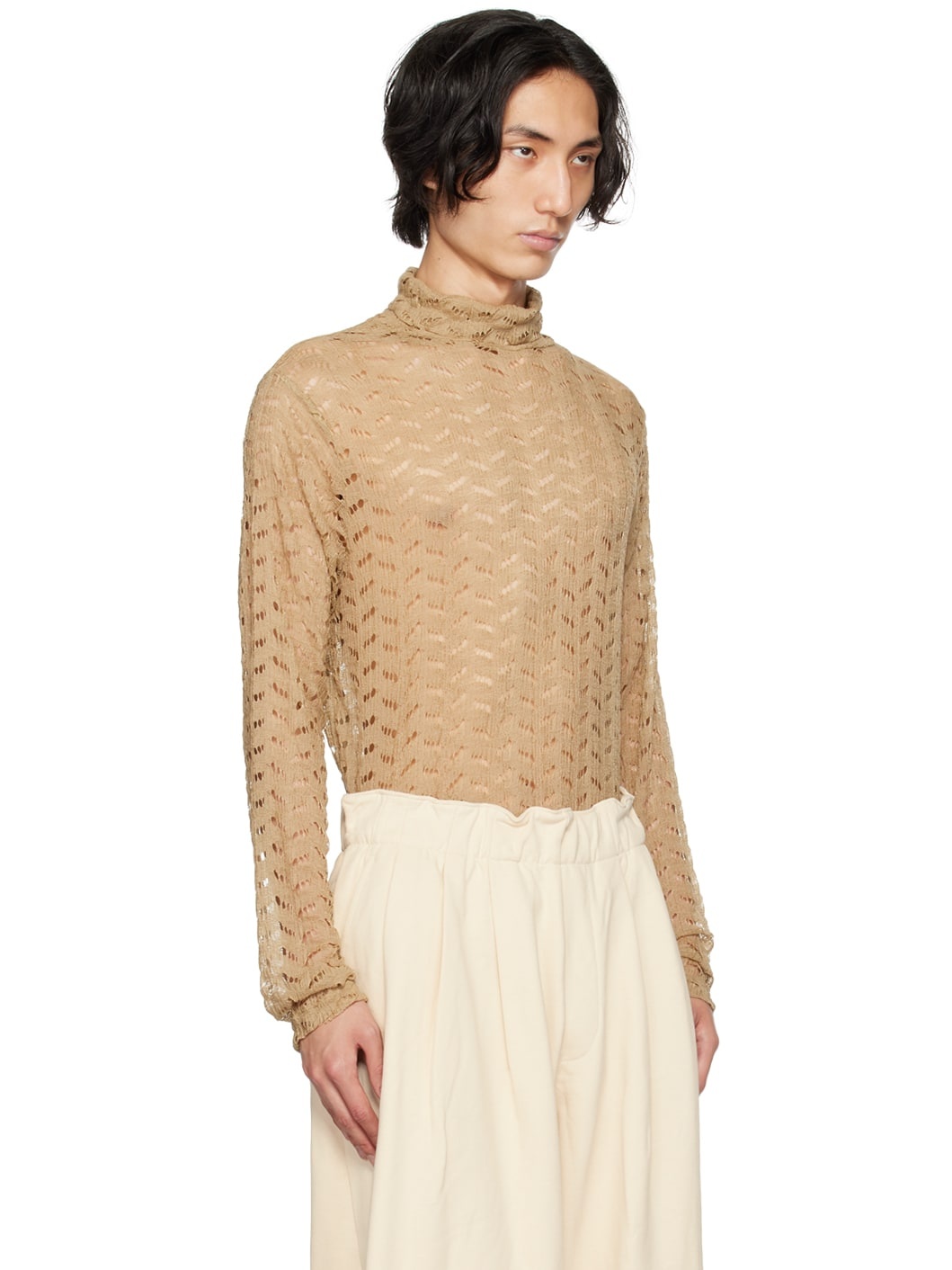 Beige Laddered Turtleneck - 2