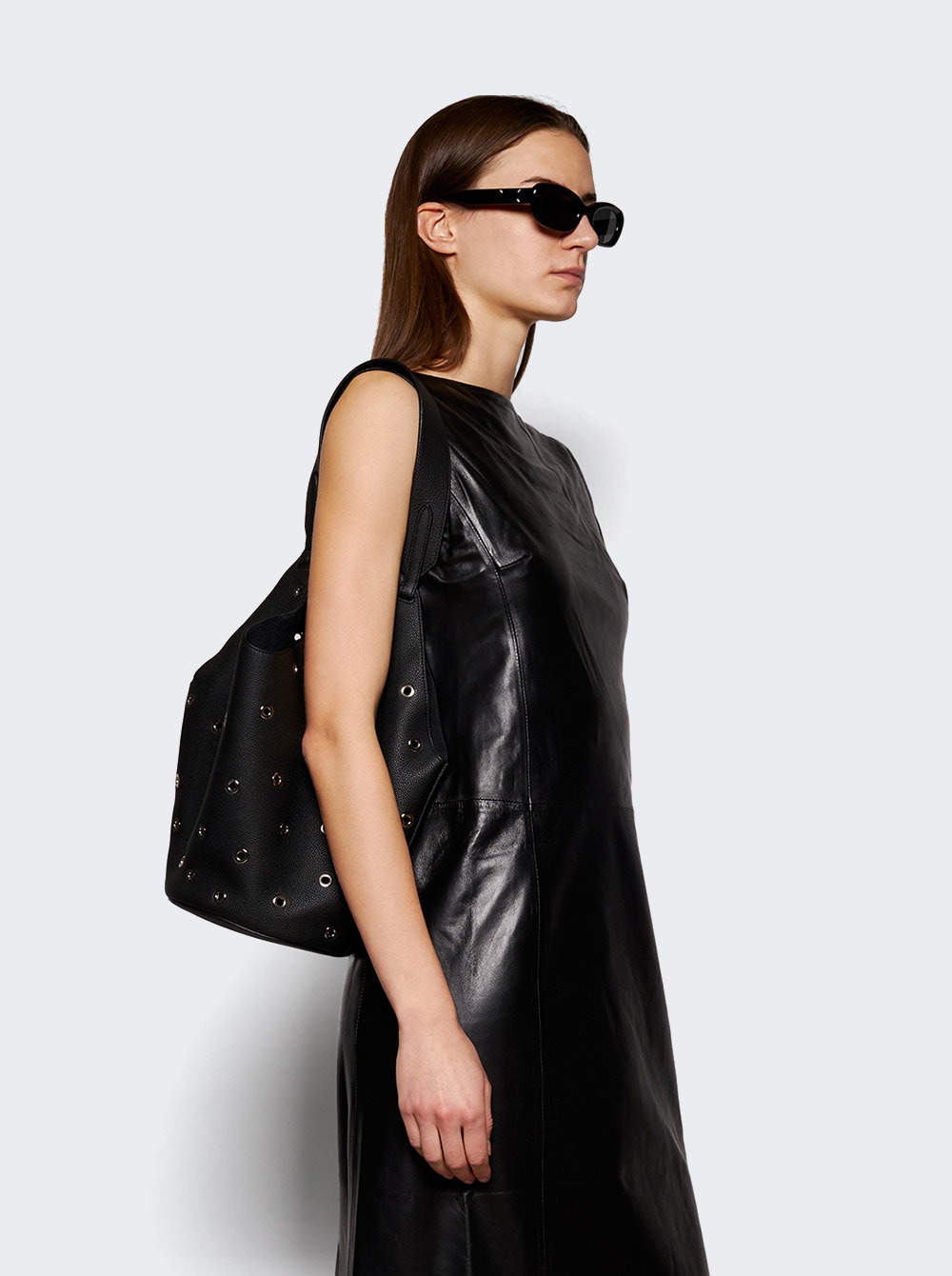 Lotus Small Tote Black Pebbled Leather With Grommets - 2