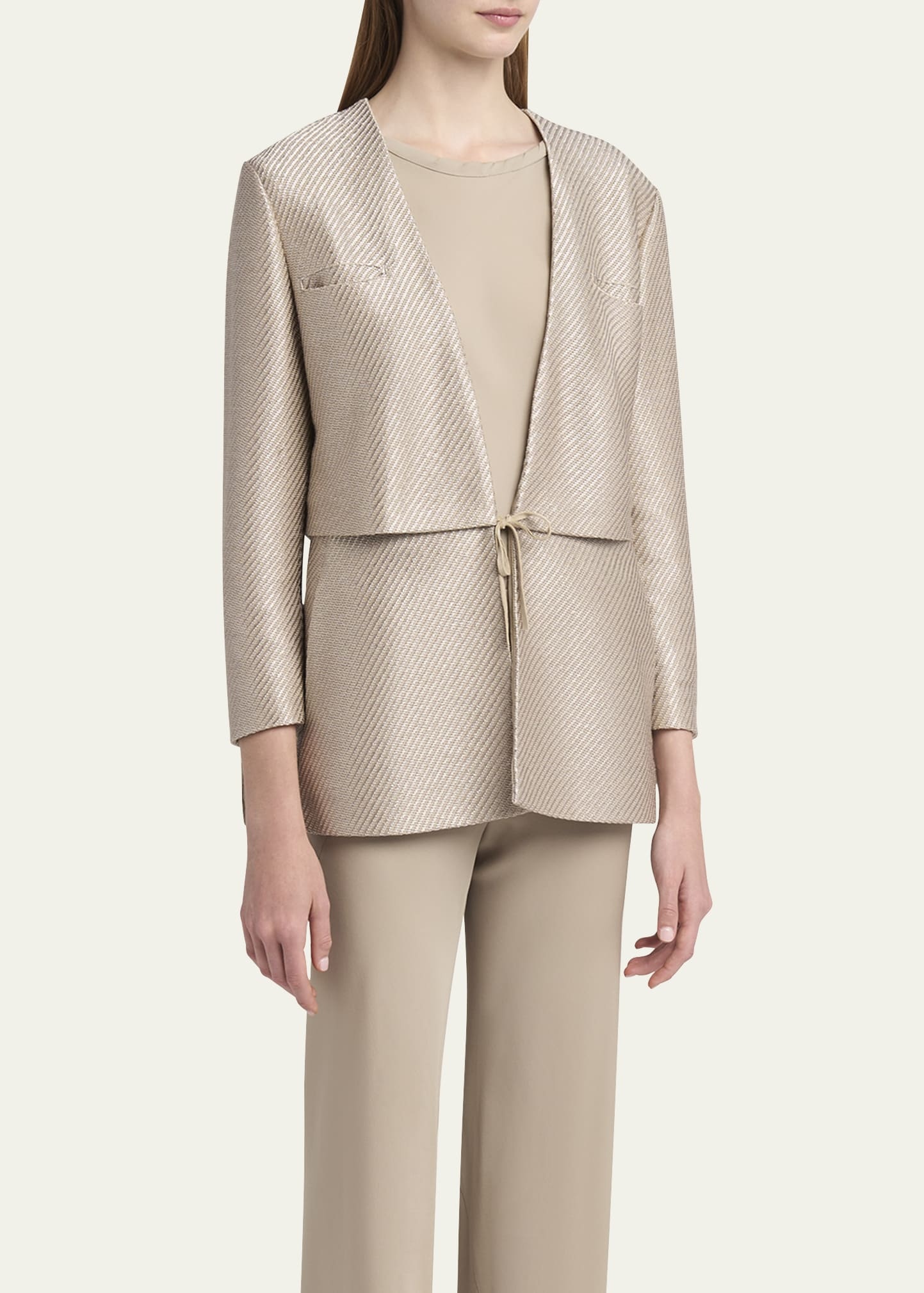 Shiny Raffia Jersey Jacquard Tie Jacket - 4