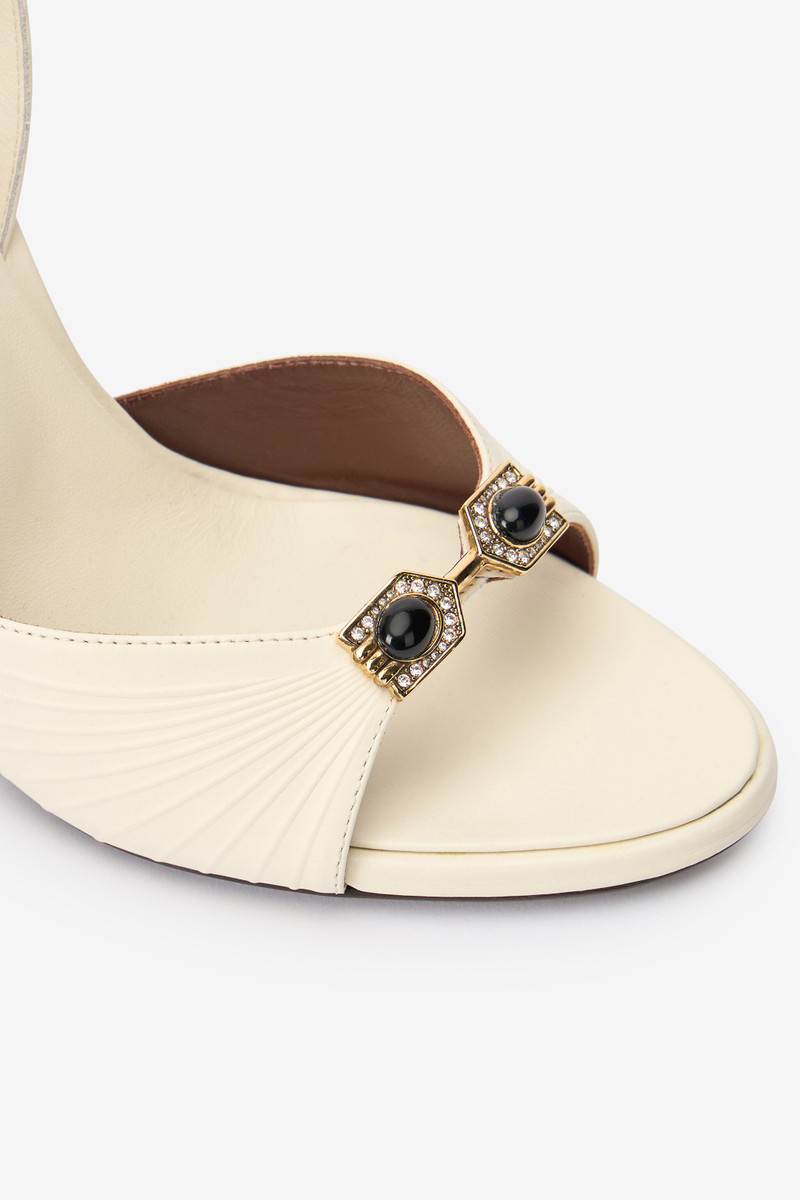 White Sandals with Jeweled Buckle and Snake Detail 5