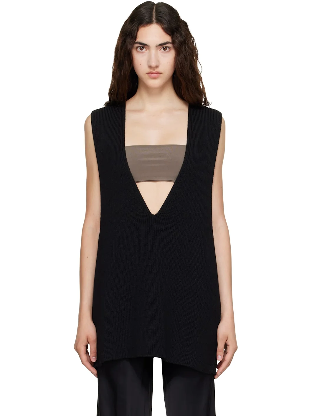 Black Tower Wool Knit V Neck Vest - 1