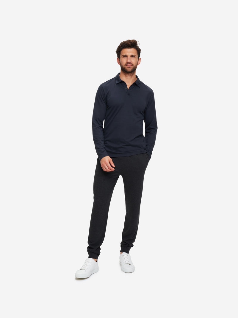 Men's Long Sleeve Polo Shirt Ramsay Pique Cotton Tencel Navy - 3