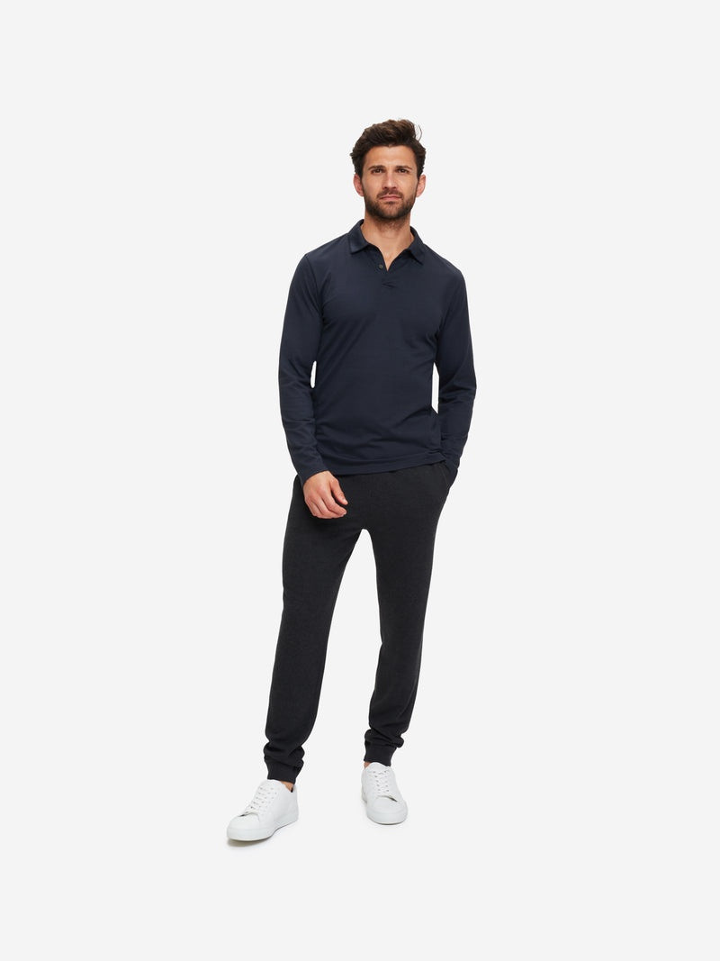 Derek Rose Men's Long Sleeve Polo Shirt Ramsay Pique Cotton Tencel Navy outlook