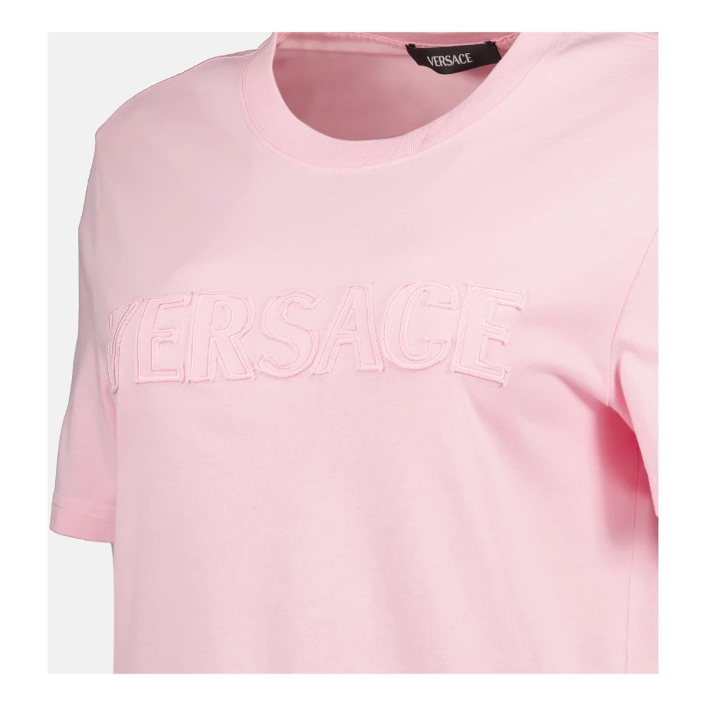 Tシャツ・カットソー VERSACE Logo embroidery t-shirt Pink 10188981A13610 Fringed Embroidered Logo Slim-Fit T-Shirt | VERSACE