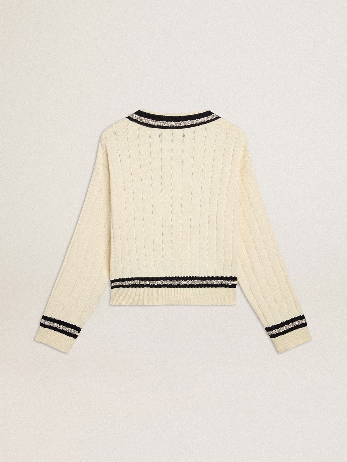 Women's cable-pattern cropped sweater with blue ribbing and crystals - 7
