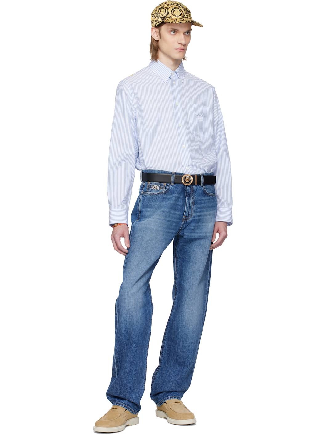 Blue & White Informal Striped Poplin Shirt - 4