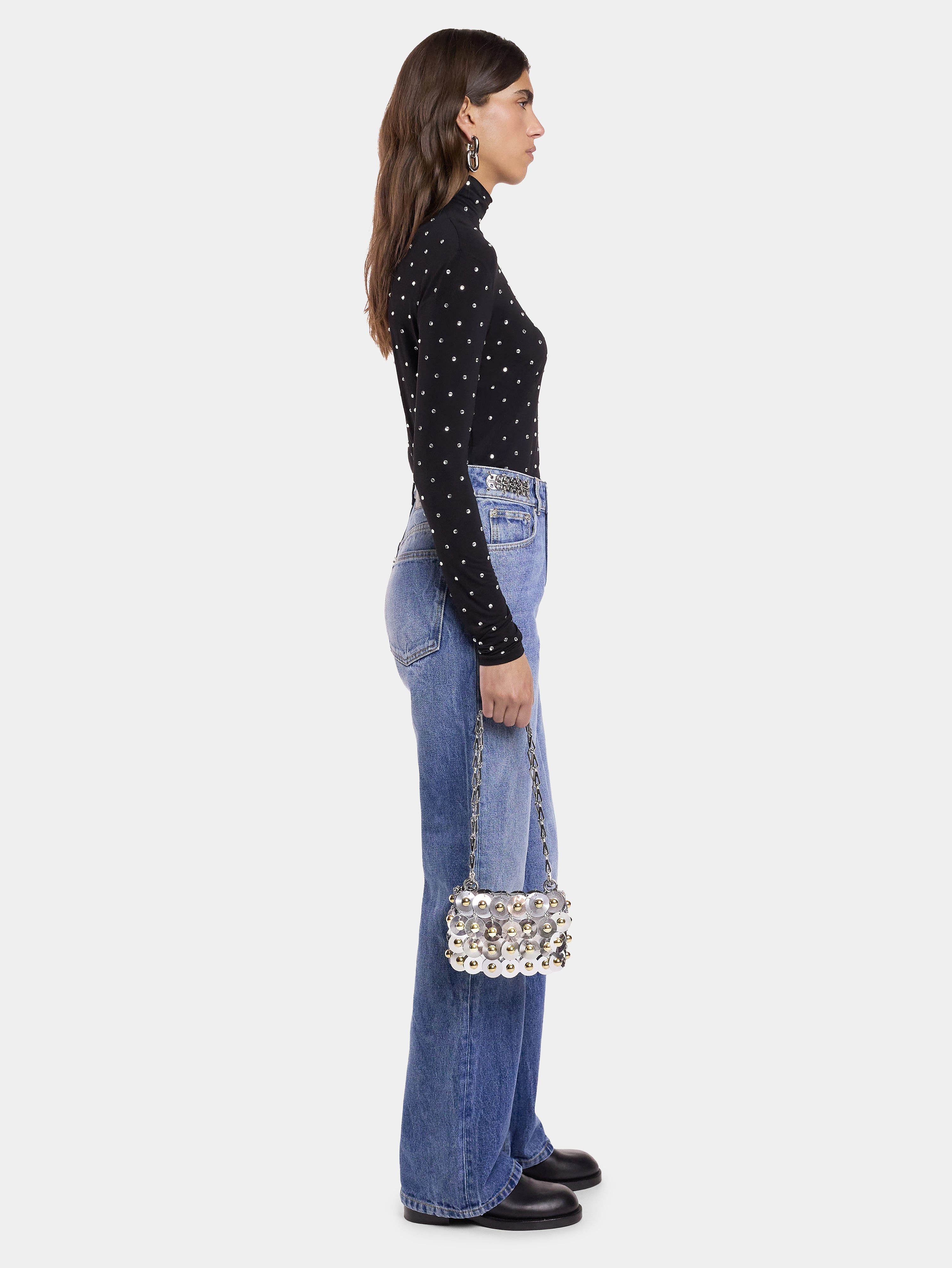 BLACK CRYSTAL-EMBELLISHED TOP IN SECOND-SKIN JERSEY - 4