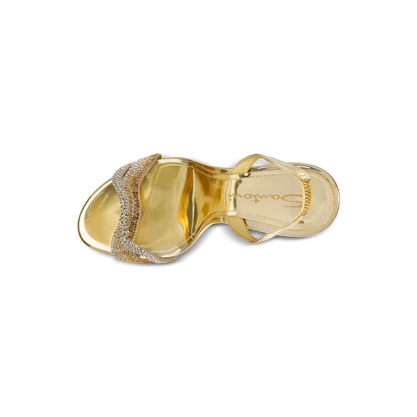 Women's gold laminated leather and crystals high-heel sandal - 5