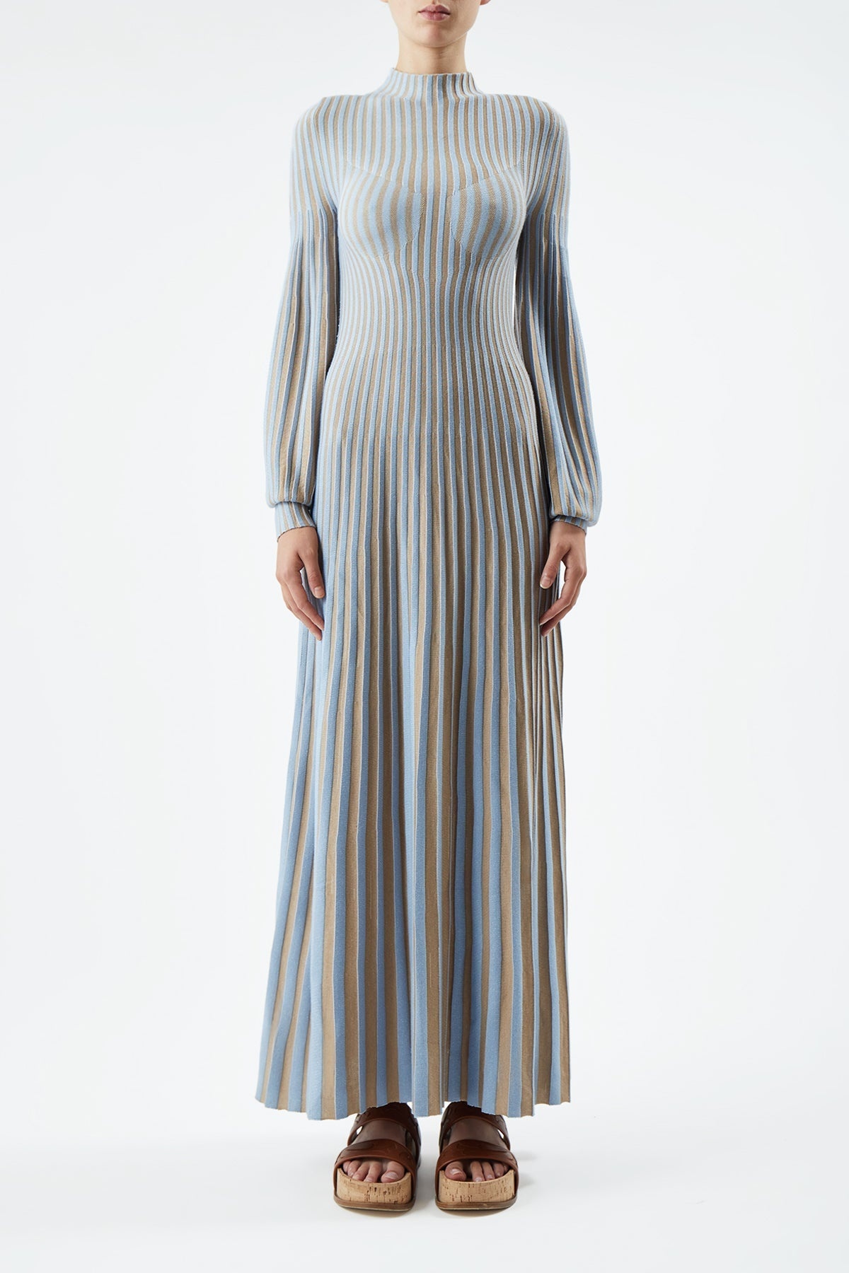 Lee Knit Dress in Light Blue & Camel Cashmere Silk - 3