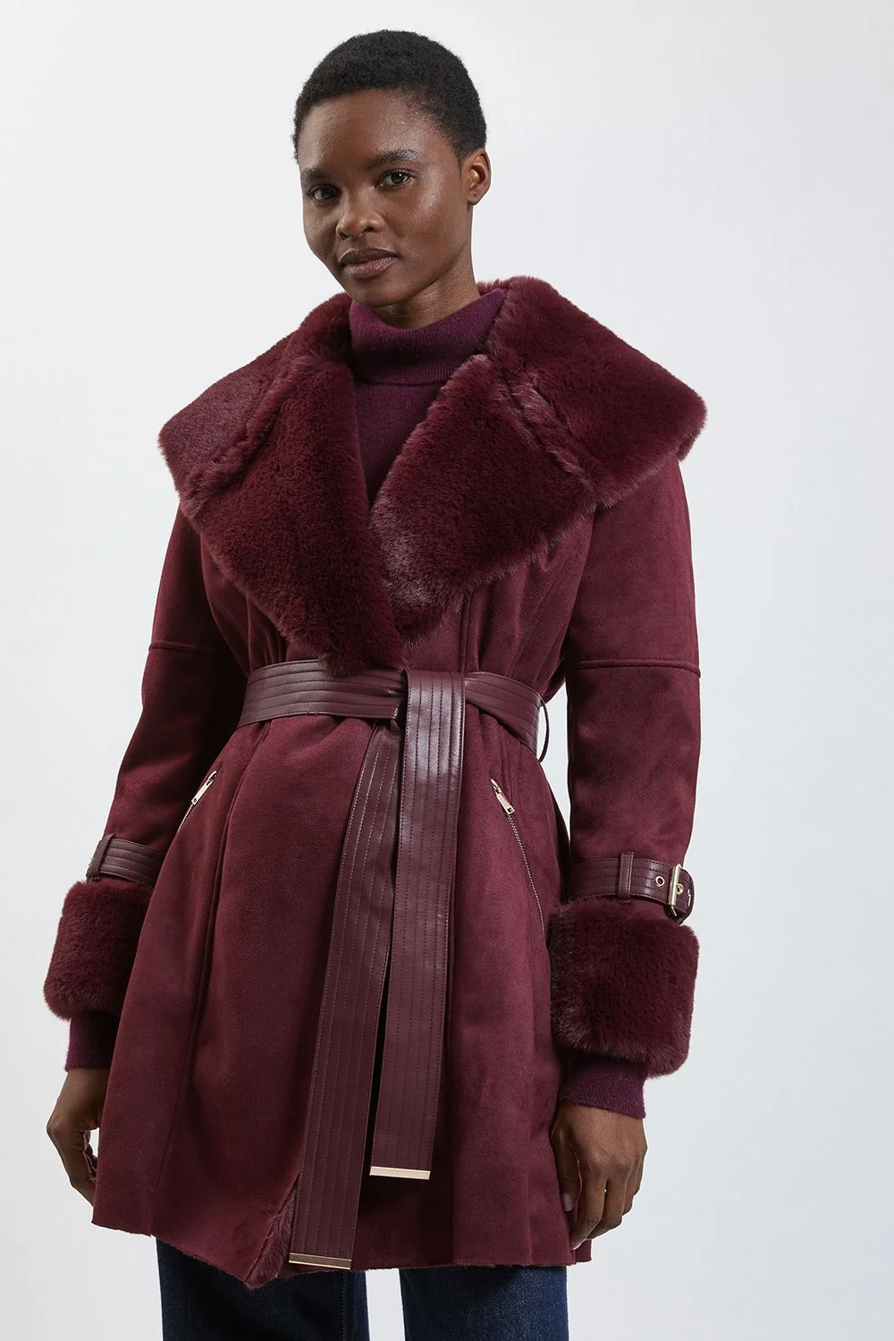 Faux Shearling Collar & Cuff Belted Short Coat - 1