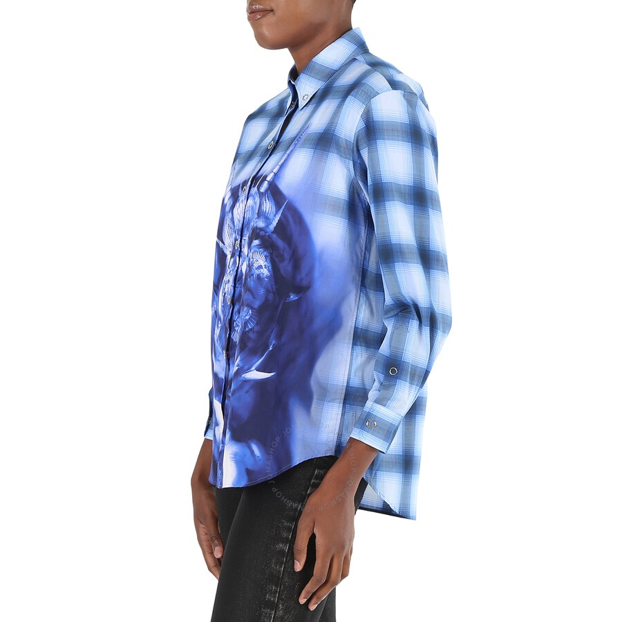 Burberry Ladies Ink Blue Sea Maiden Print Plaid Shirt - 4