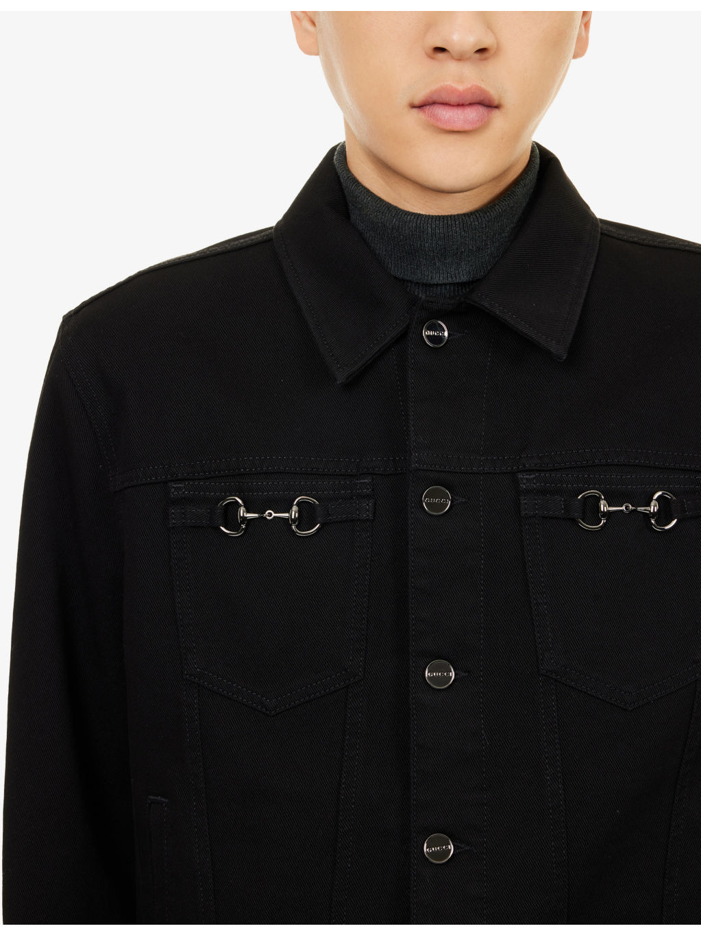 Horsebit-Buckle Long-Sleeve Denim Jacket - 5
