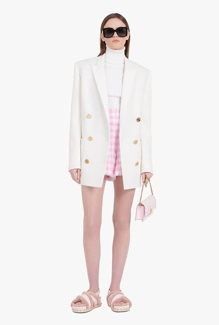 High-waisted white and pale pink tartan tweed shorts - 2