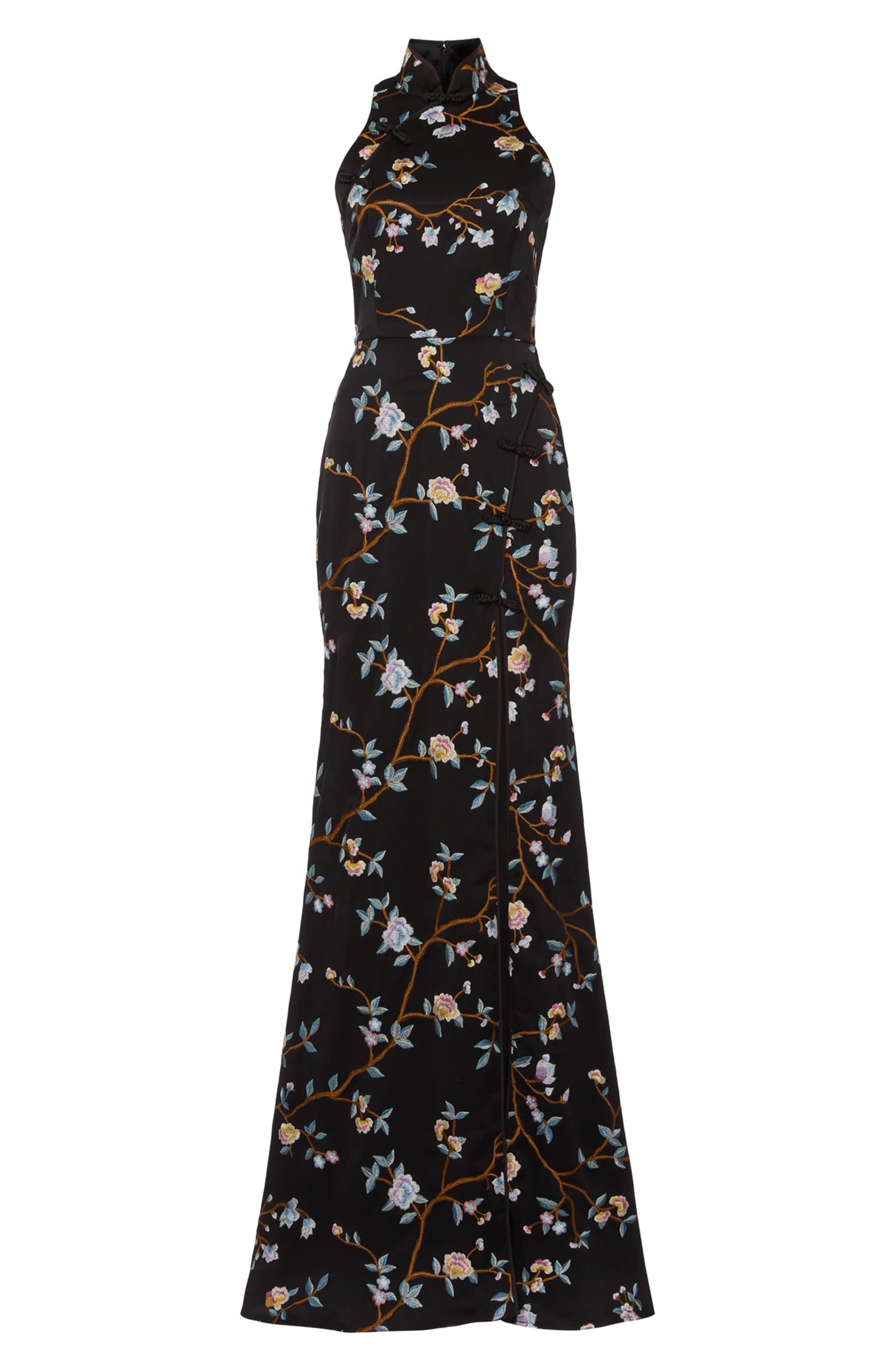 SAU LEE Ariana Floral Embroidered Gown in Black at Nordstrom - 3
