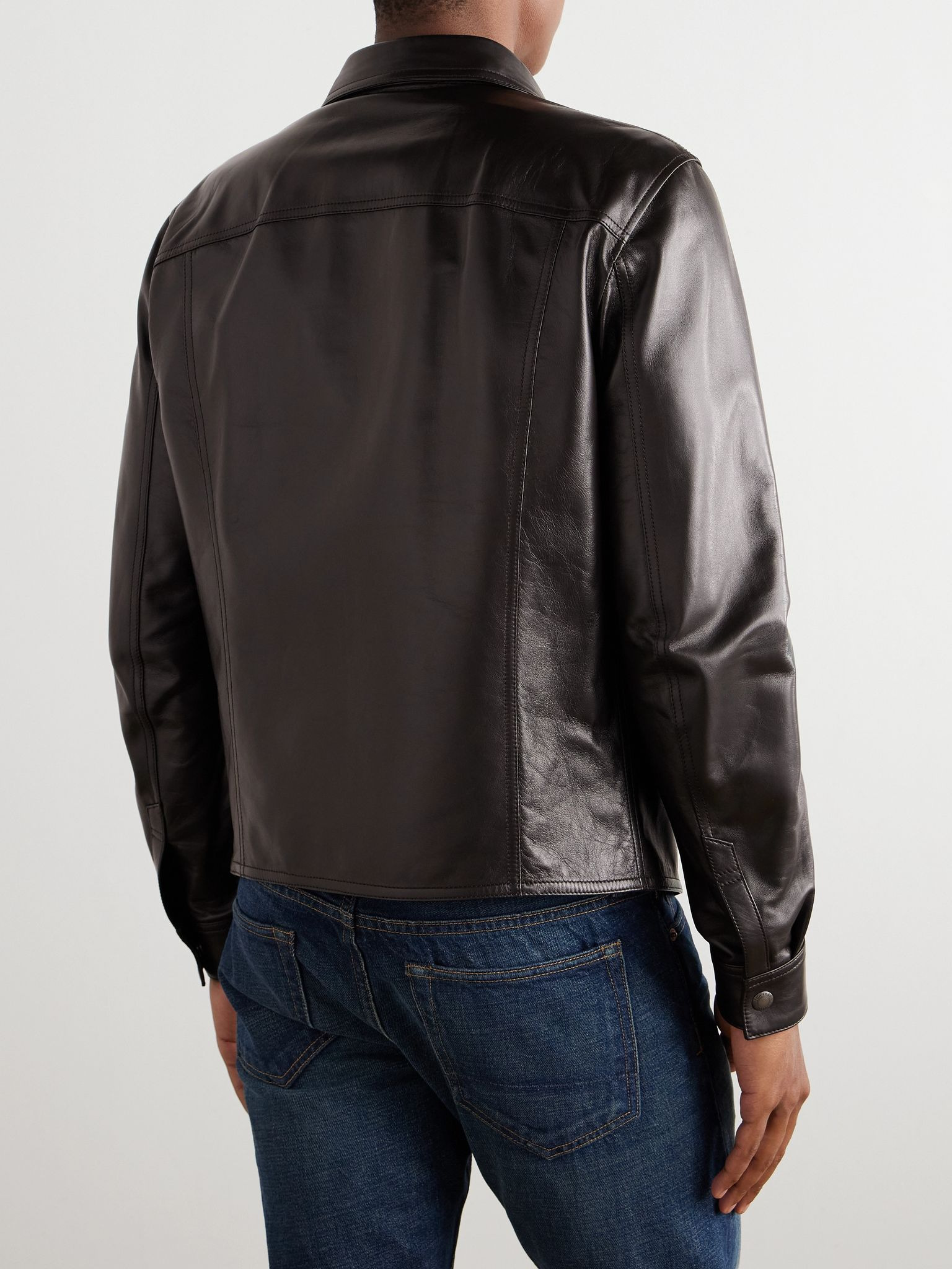 Slim-Fit Leather Shirt Jacket Brown - 3