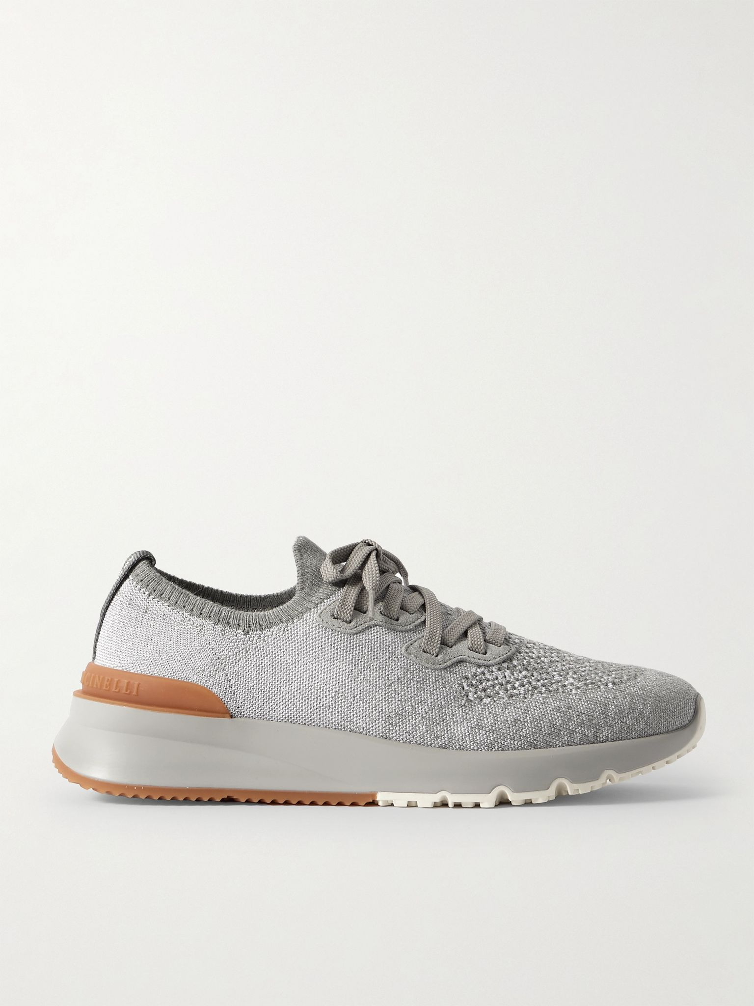 Suede-Trimmed Stretch-Knit Sneakers Light gray - 1
