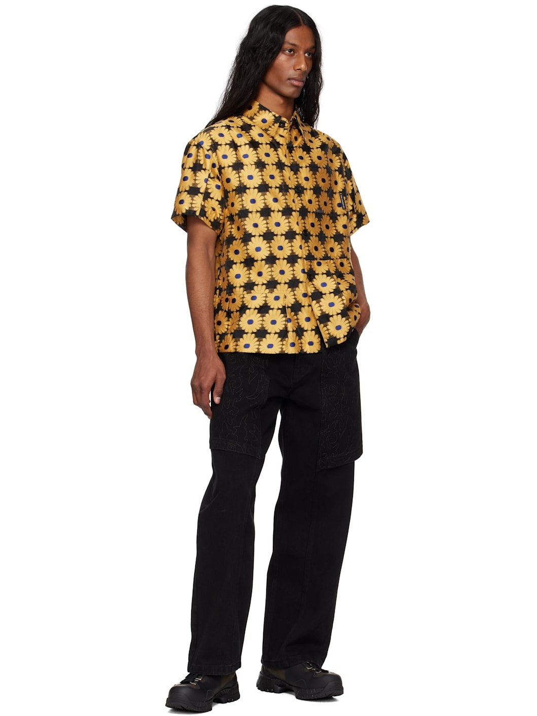Yellow & Black Sheer Flower Shirt - 4