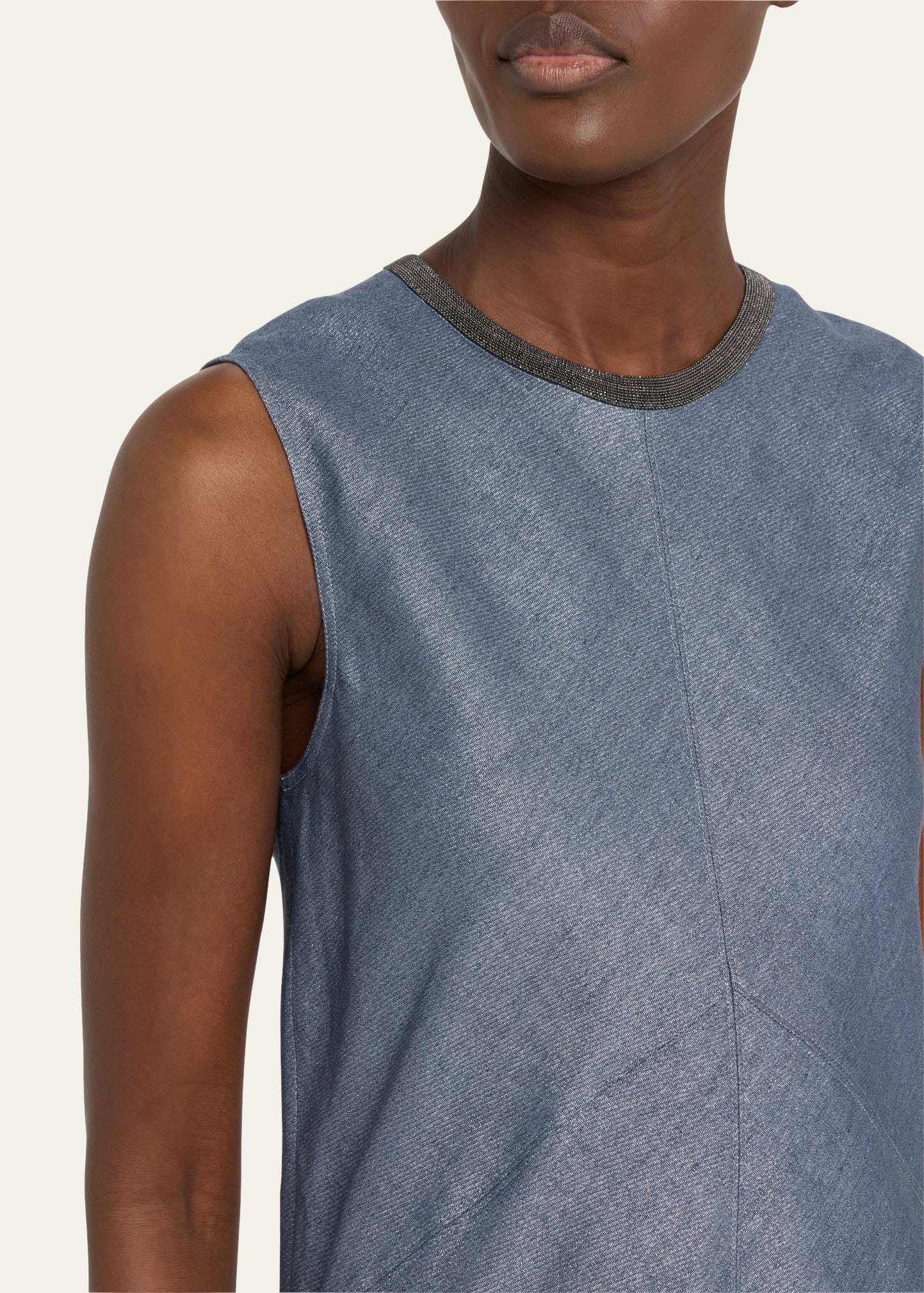 Shiny Long Linen Wool Twill A-Line Dress with Monili Neckline - 5