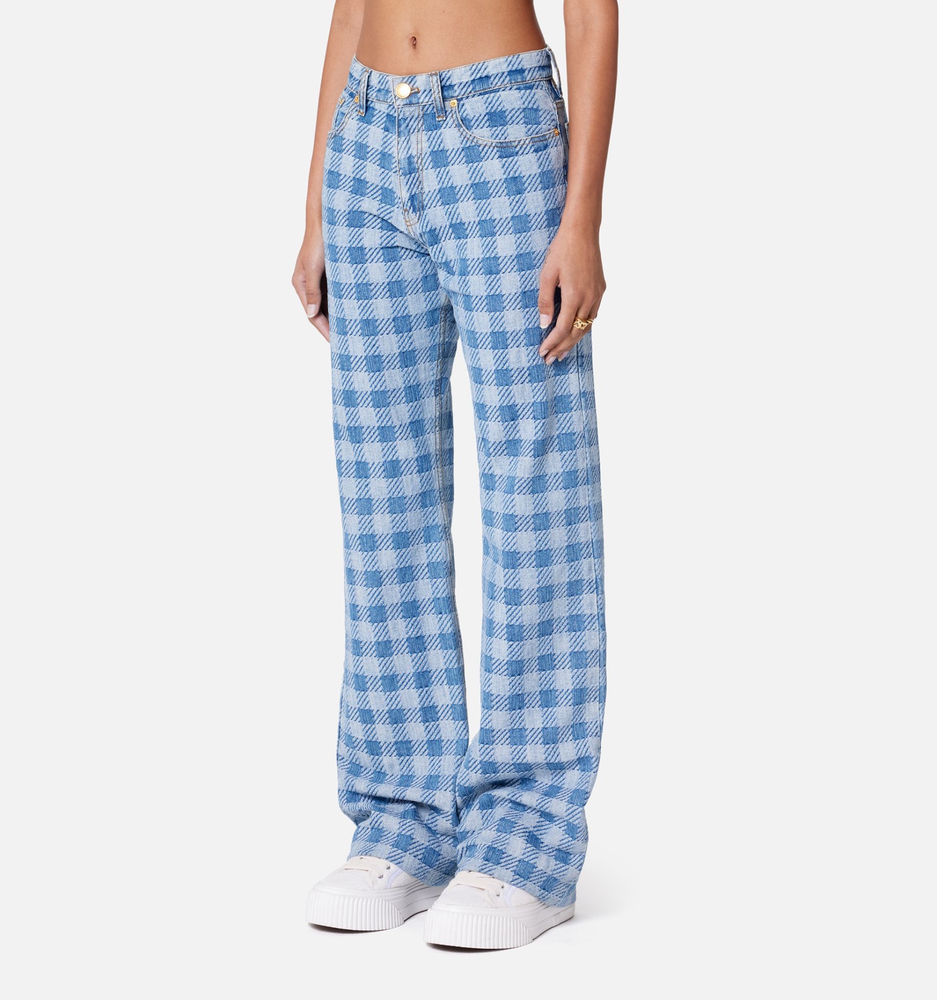 Gingham Pattern Jacquard Denim Boyfriend Fit Jeans - 3