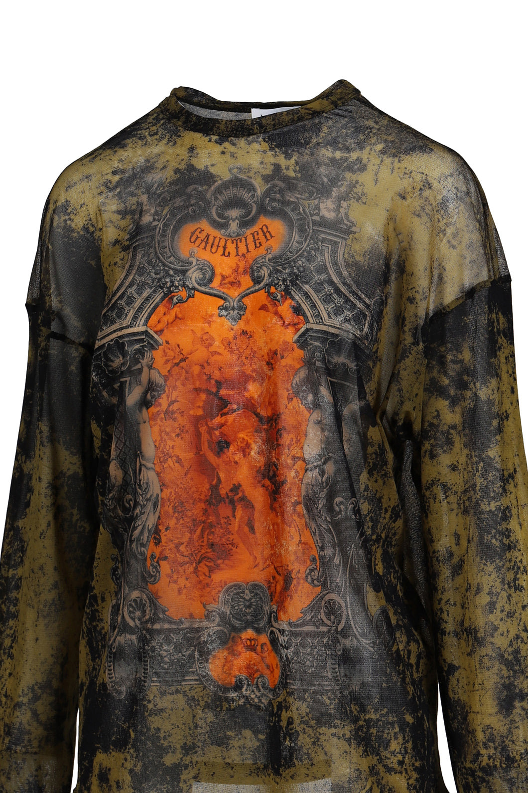 MESH OVERSIZED CREW NECK TOP PRINTED "MEDAILLON" / BLK/KHA/ORG - 8
