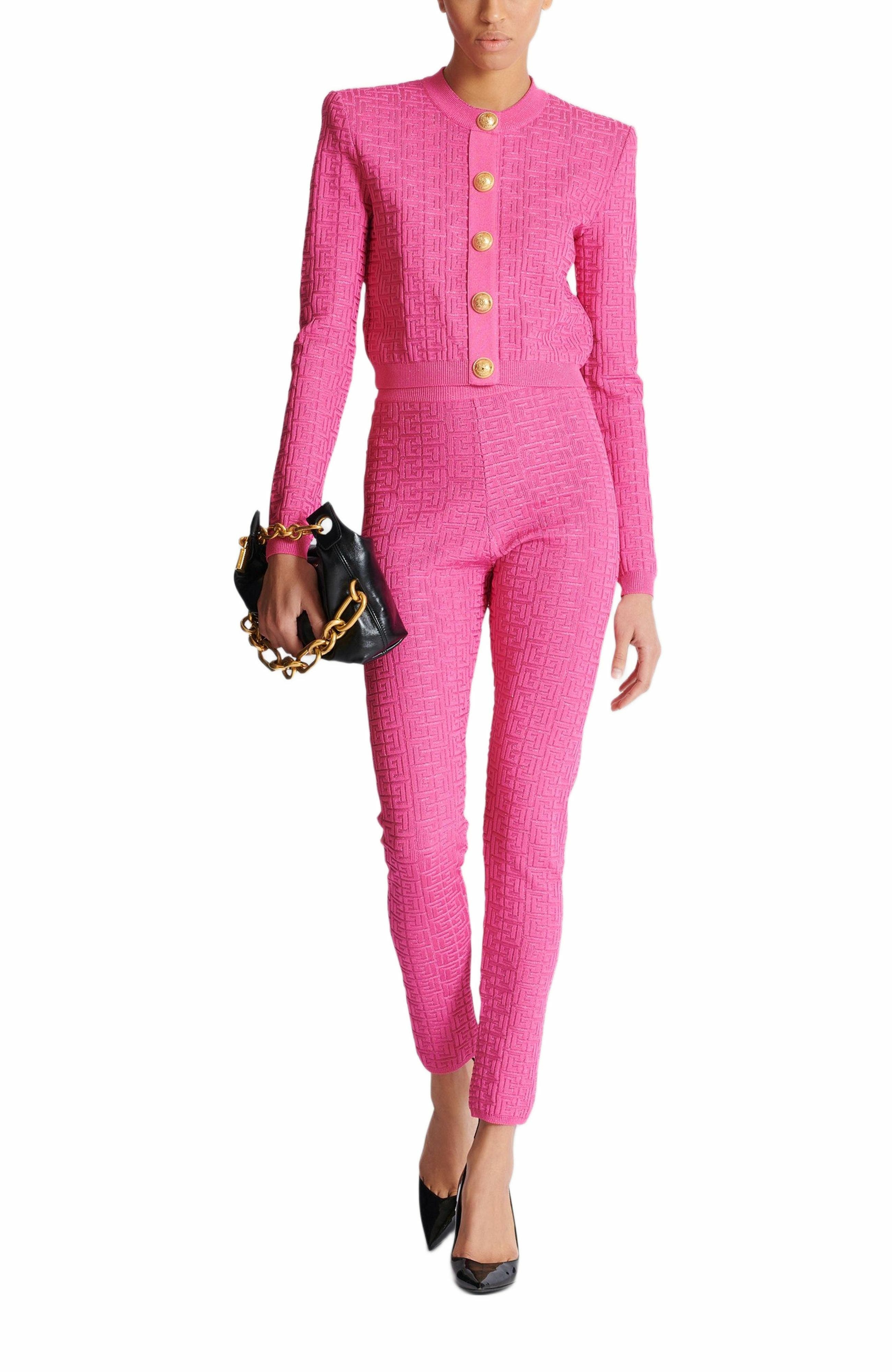 Balmain Cropped monogrammed knit cardigan in Pink at Nordstrom - 3