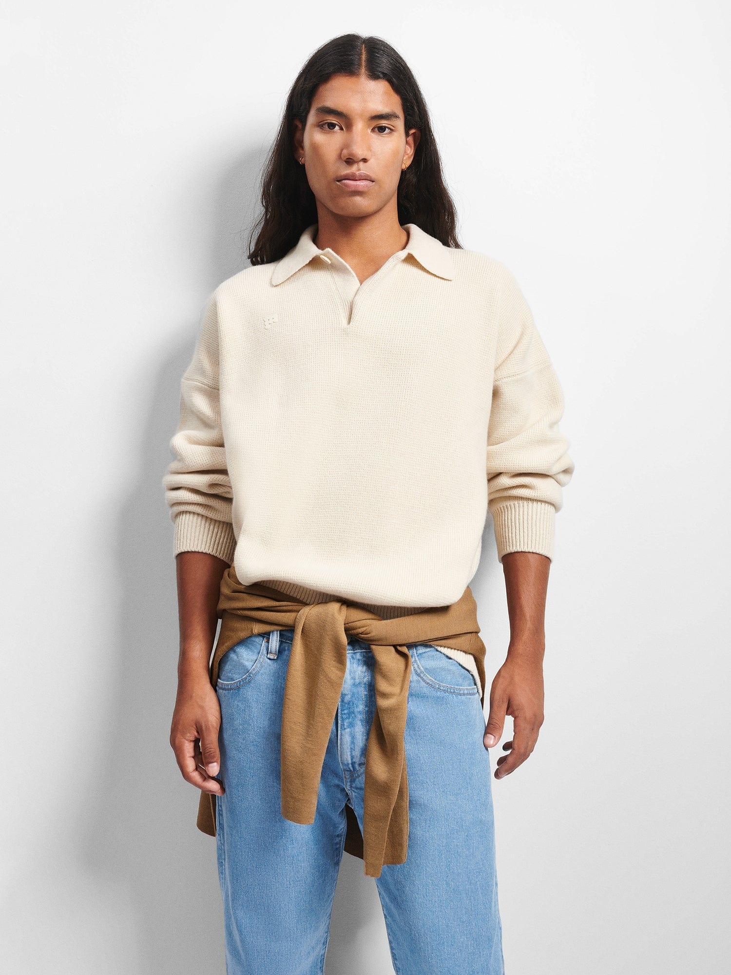 Mens Recycled Cashmere Polo Sweater - Ecru Ivory - 3