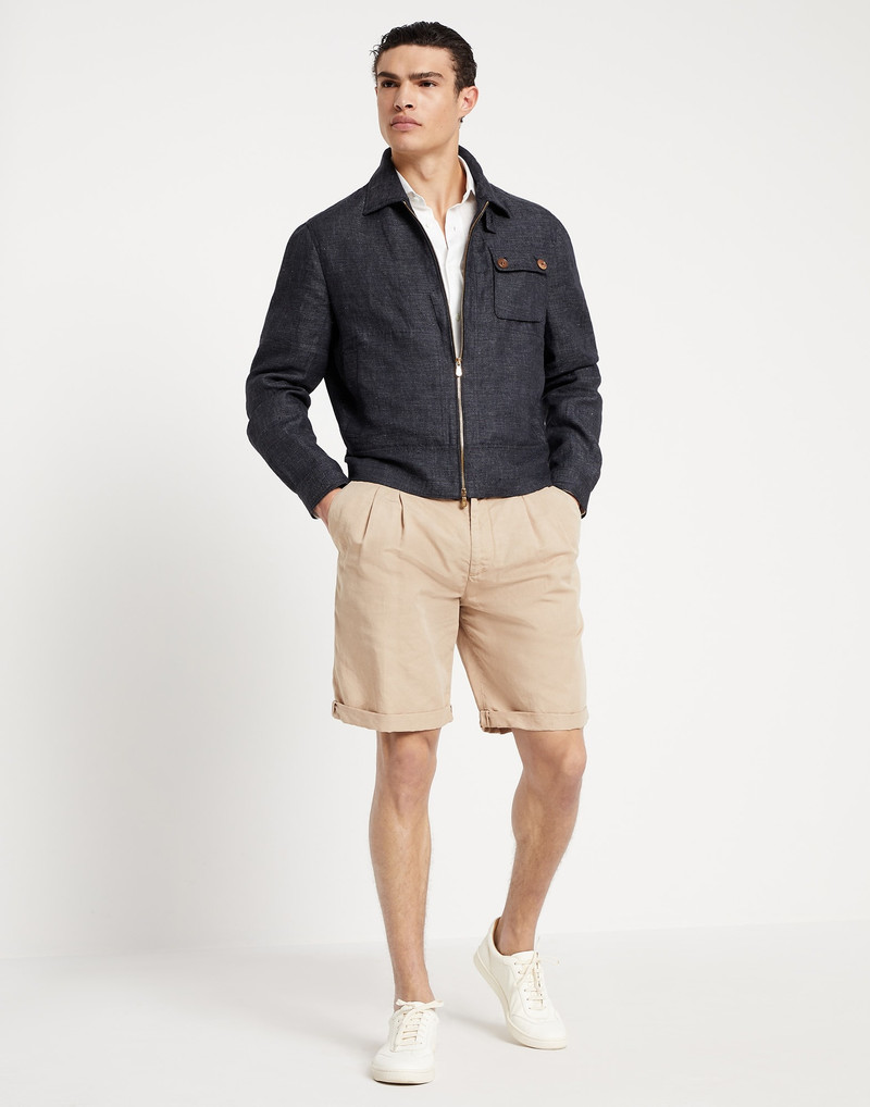 Garment-dyed Bermuda shorts in twisted linen and cotton gabardine with drawstring and double pleats 4