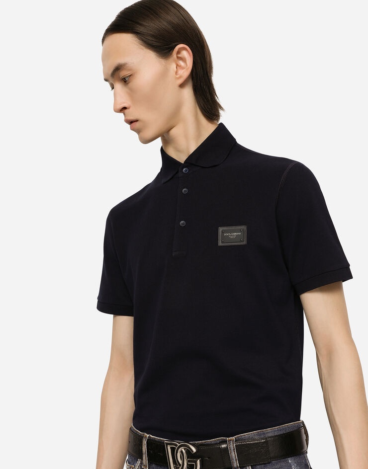 Cotton piqué polo-shirt with branded plate - 2
