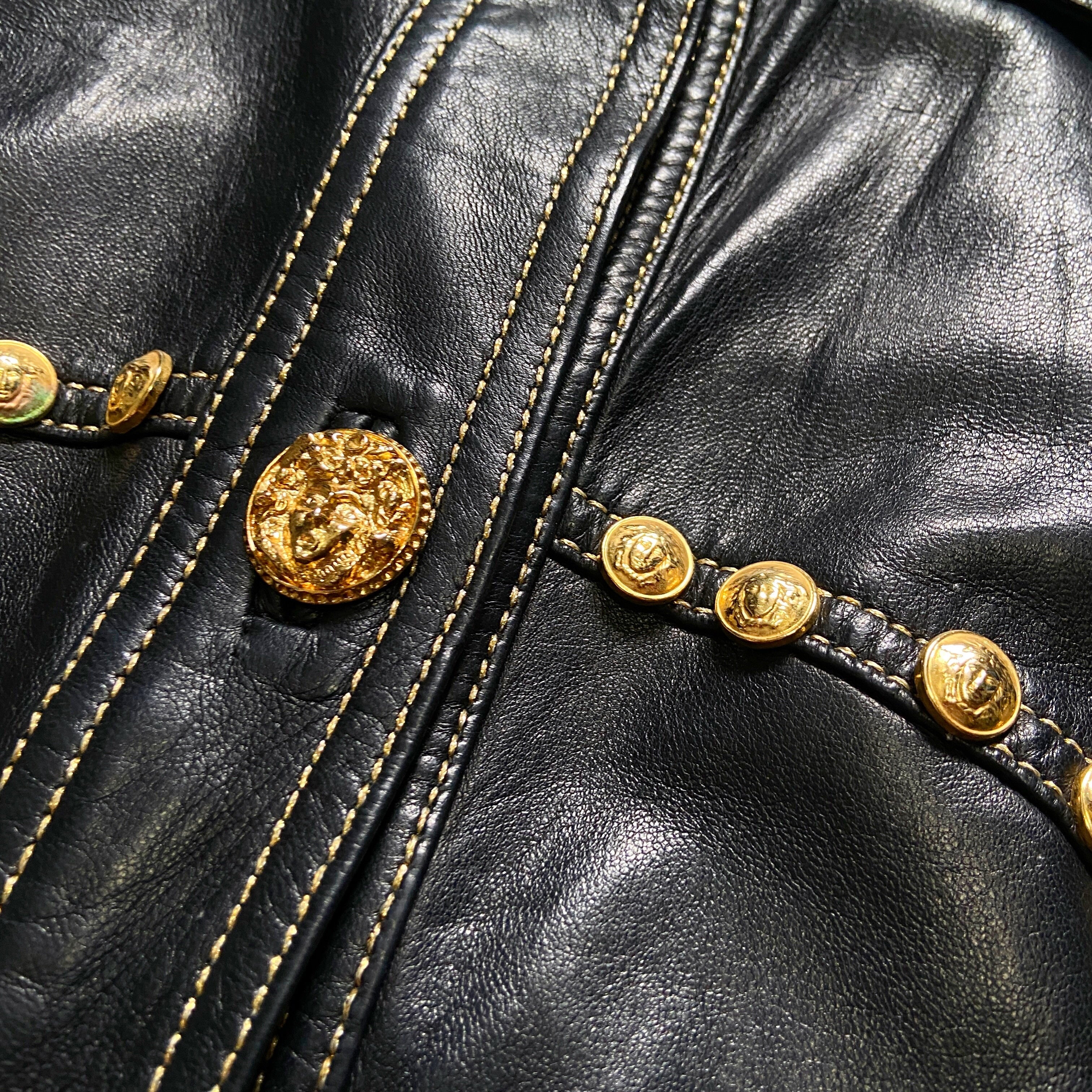 Gianni Versace Fall 1992 Midnight Cowgirl Lambskin Leather Vest with Mongolian Hair Collar and Gold  - 9