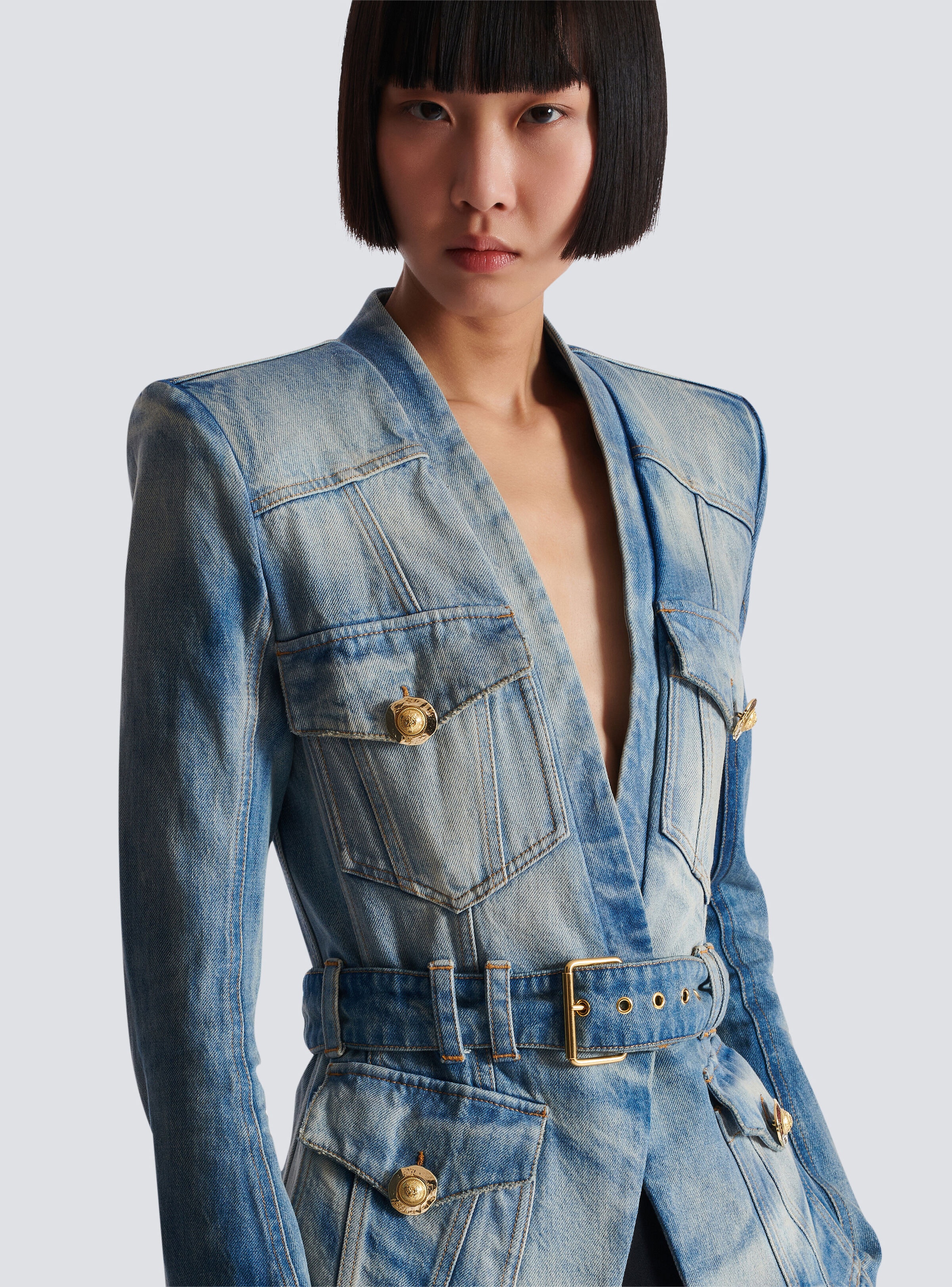 1-button belted denim jacket - 8