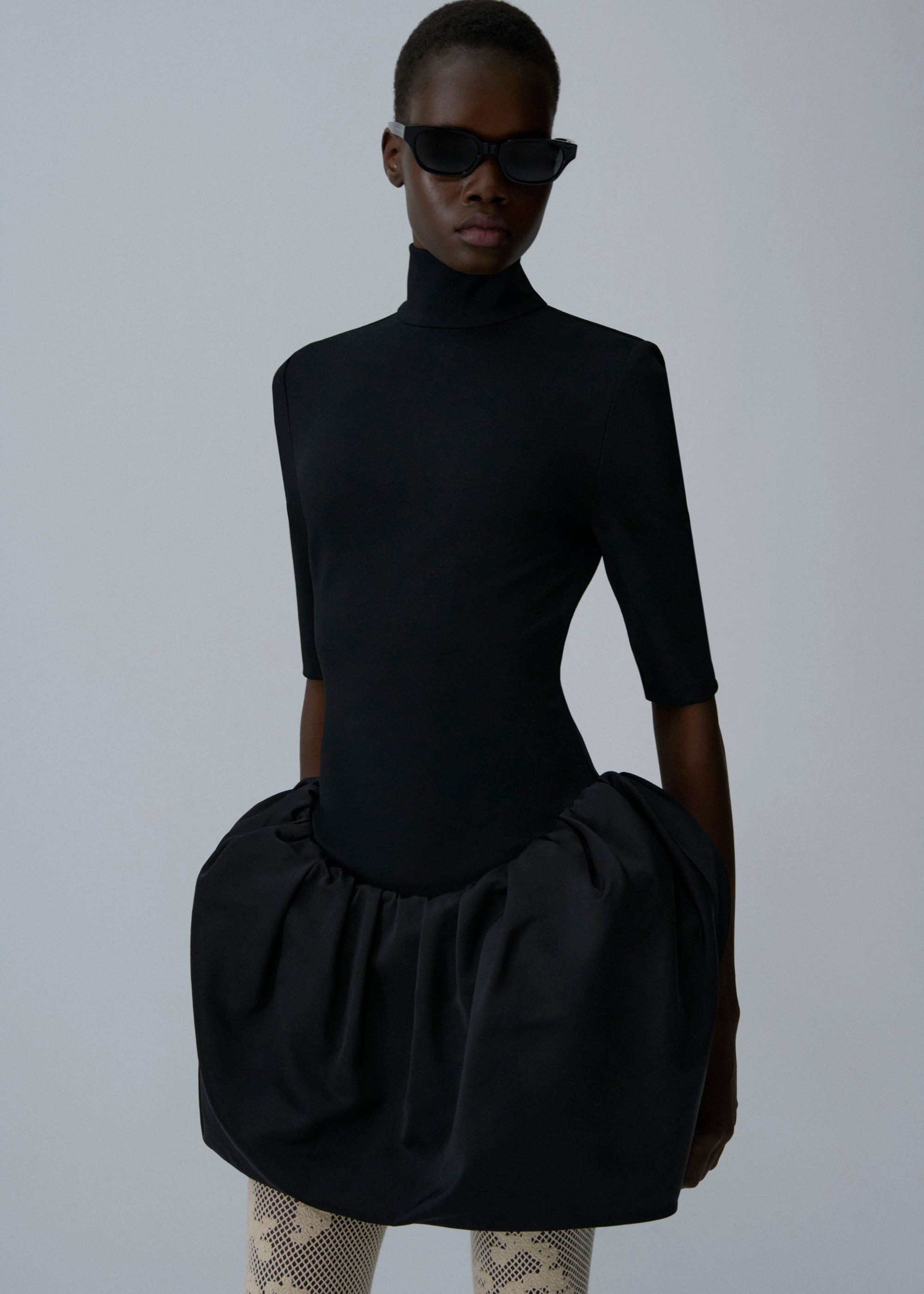 High-neck puff skirt mini dress in black - 3