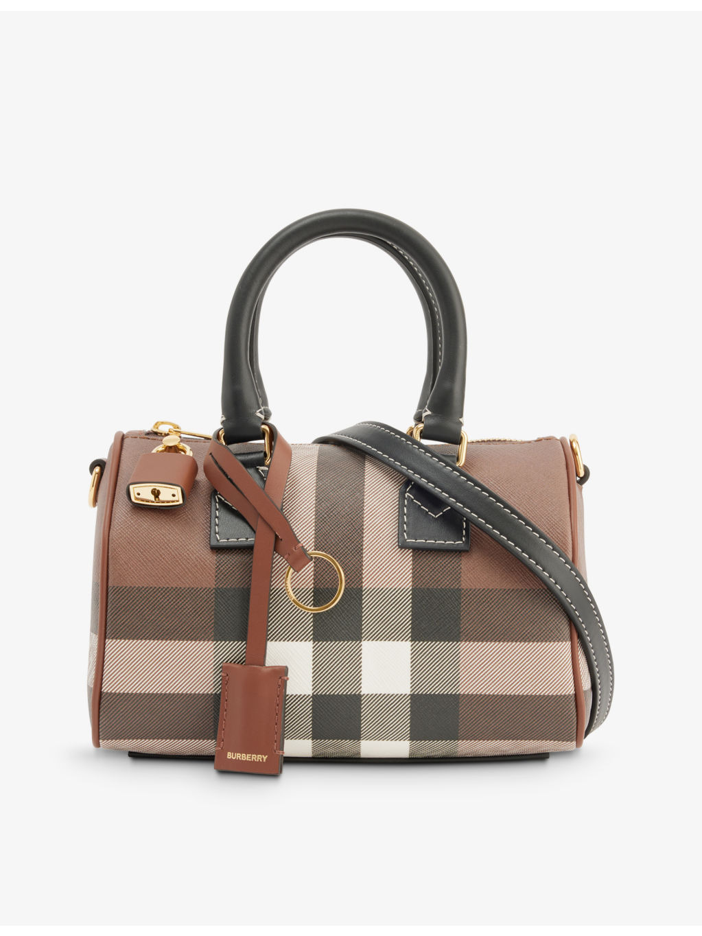 Check-print mini woven and leather top-handle bowling bag - 1