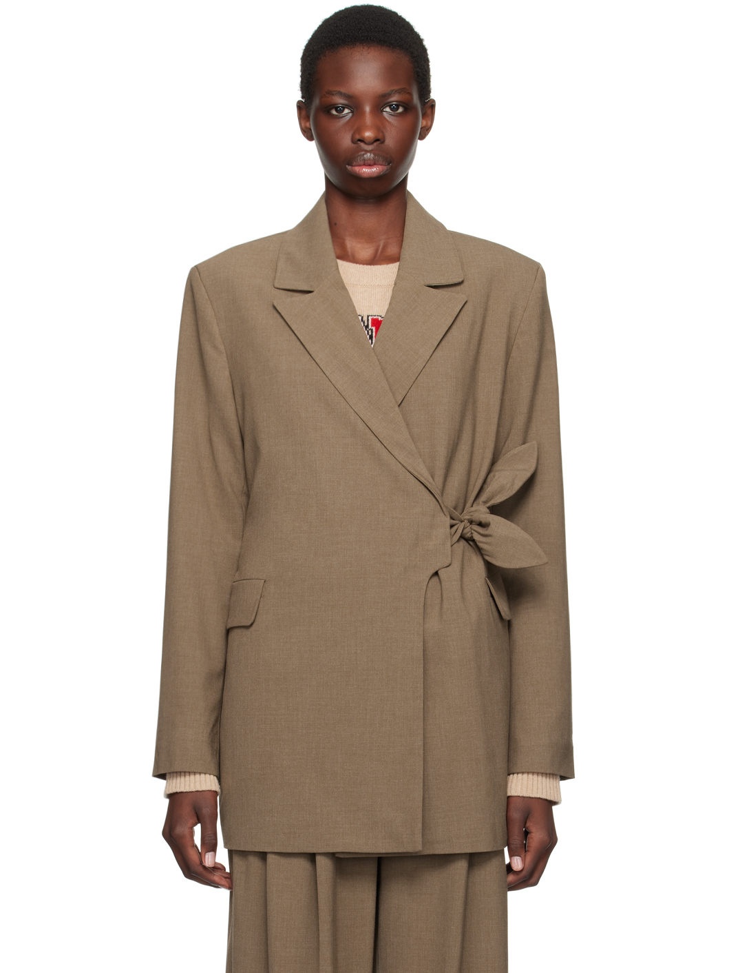 Beige Drapey Knot Belt Blazer - 1