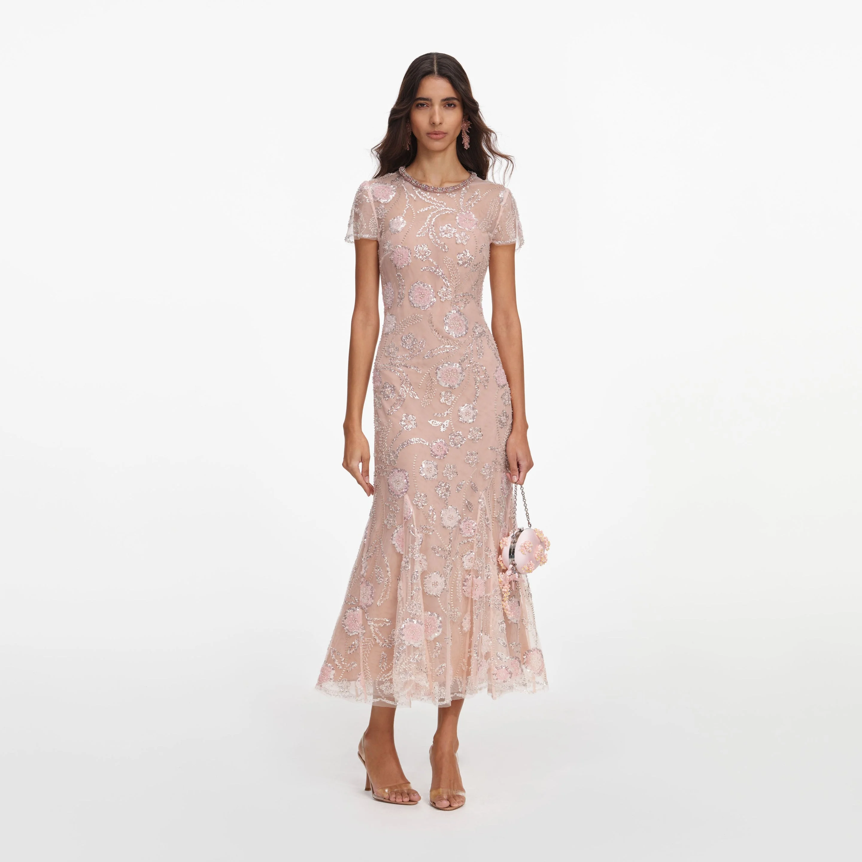 Pink Flower Sequin Embellished Midi Dress - 1