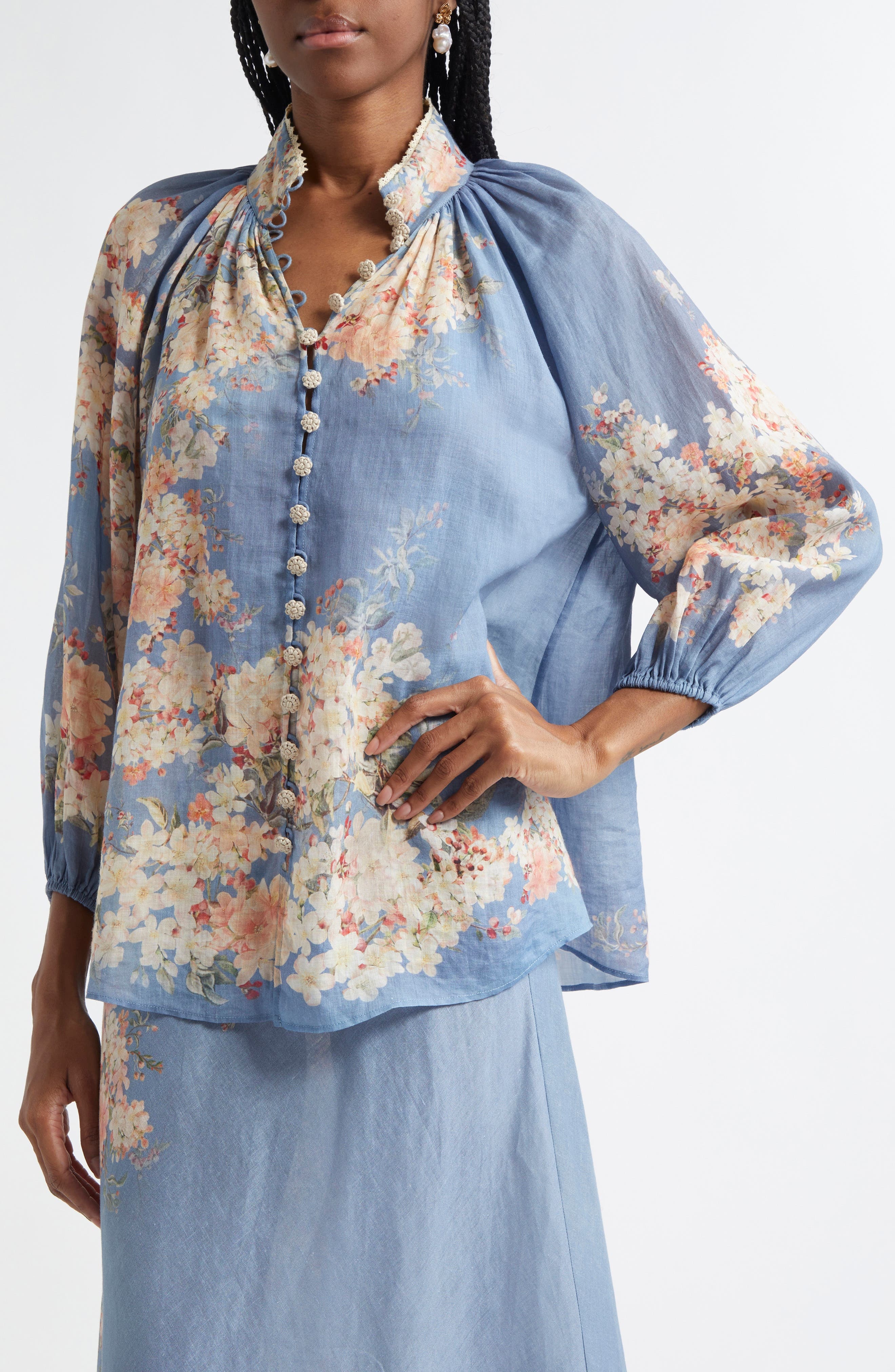 Zimmermann Cascadian Billow Linen Button-Up Shirt in Blue Botanical Floral at Nordstrom - 5