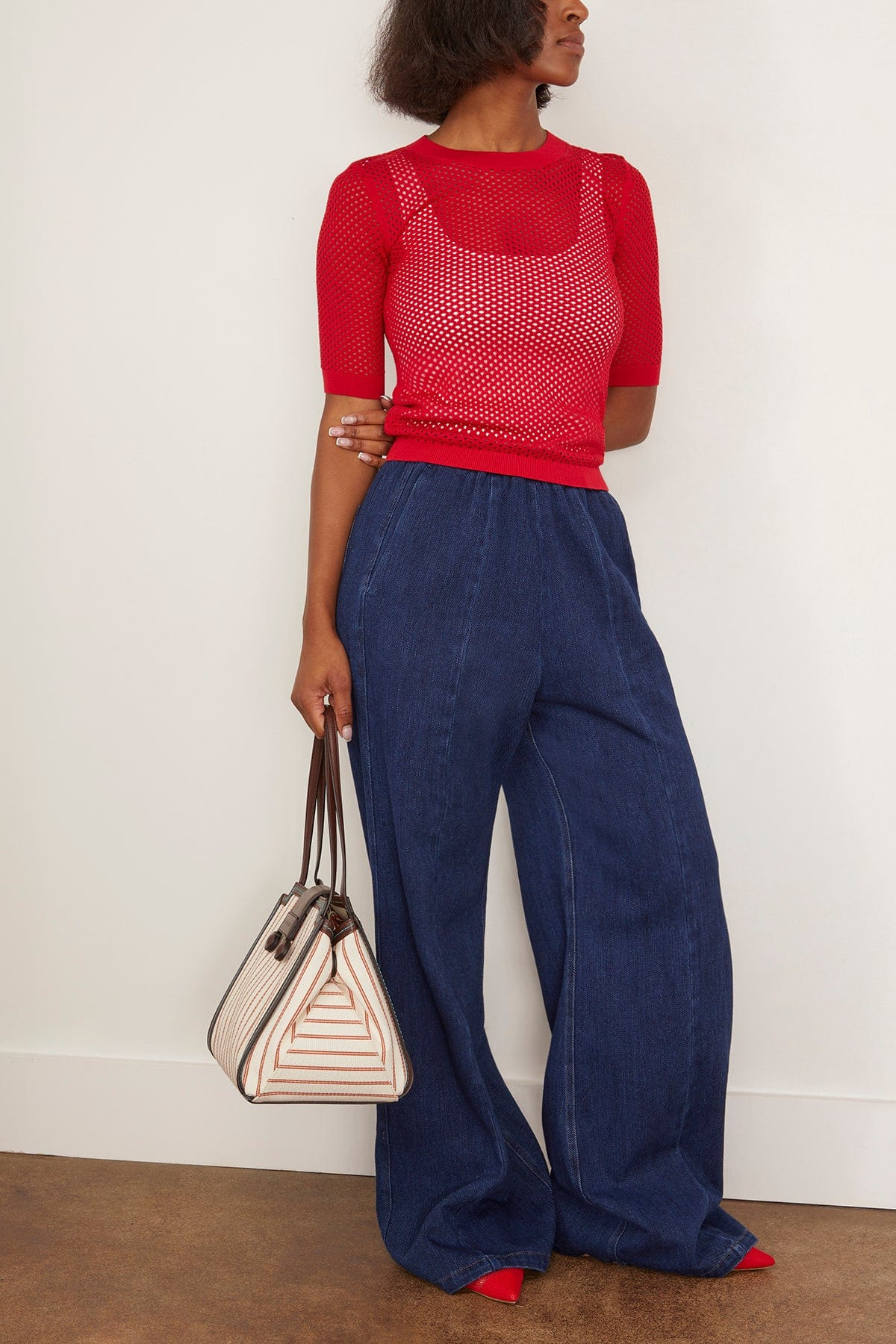 Mesh Cropped Sleeve Sweater in Red - 2