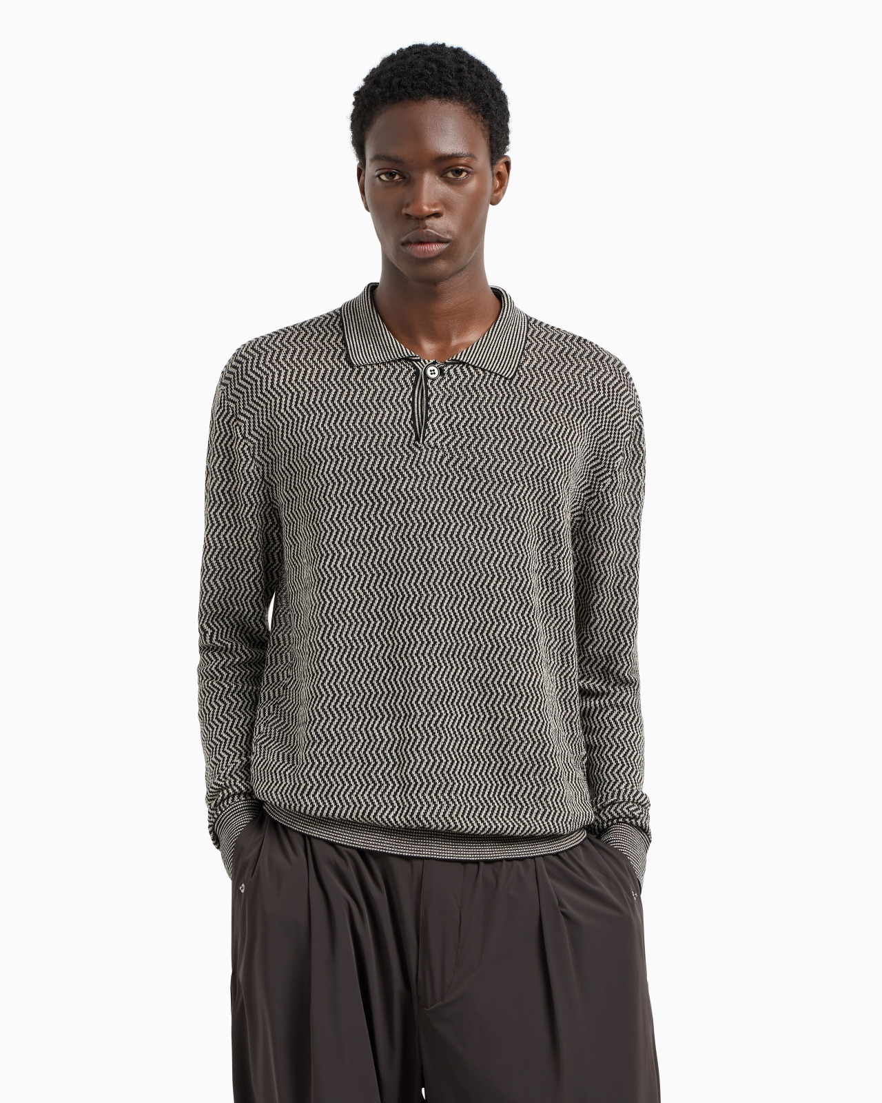 ASV LINEN AND LYOCELL-BLEND POLO-COLLAR JUMPER WITH CHEVRON MOTIF - 4