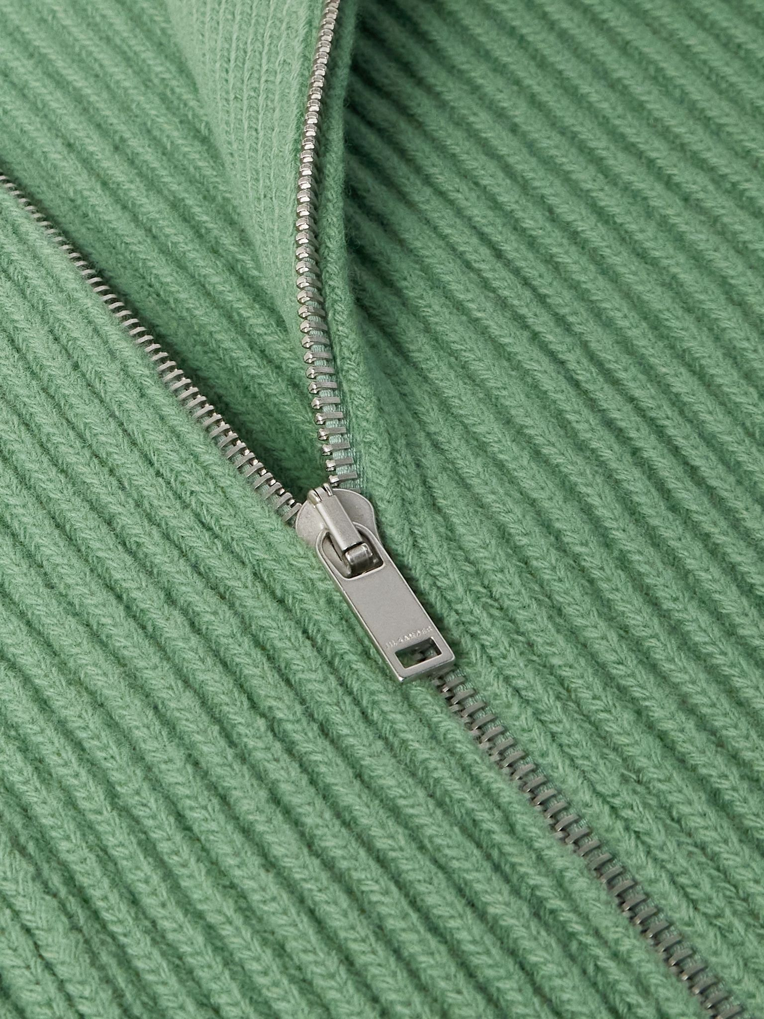 Ribbed Wool Zip-Up Cardigan Green - 4