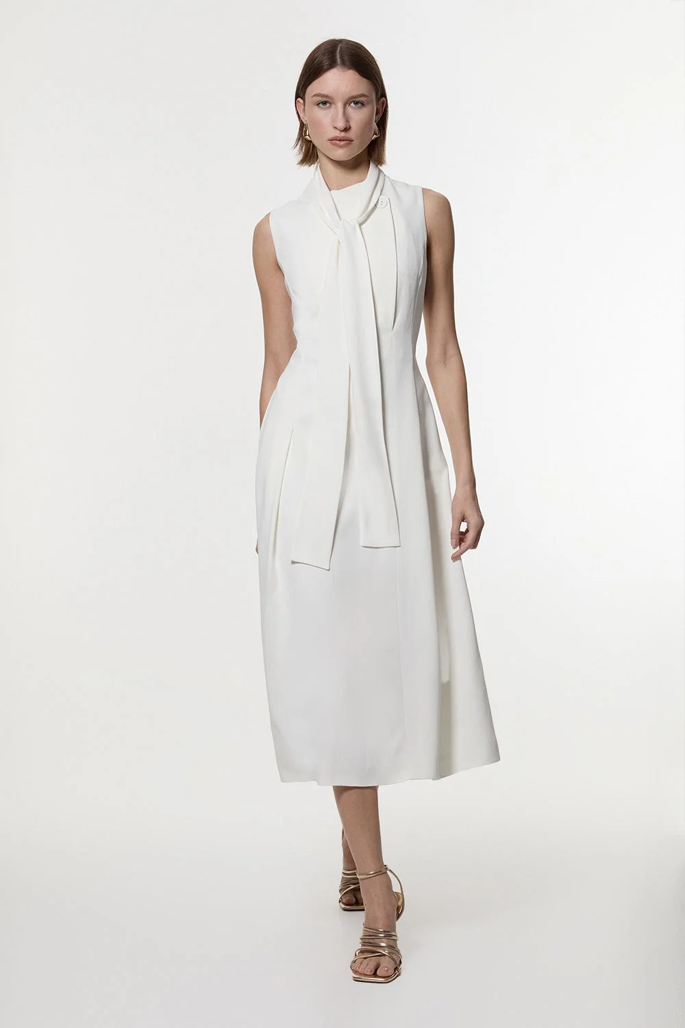 Compact Stretch Viscose Tie Neck Tailored Full Skirted Midi Dress - 1