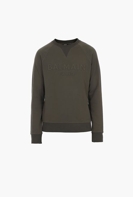 Khaki cotton sweatshirt with embossed khaki Balmain Paris logo - 1