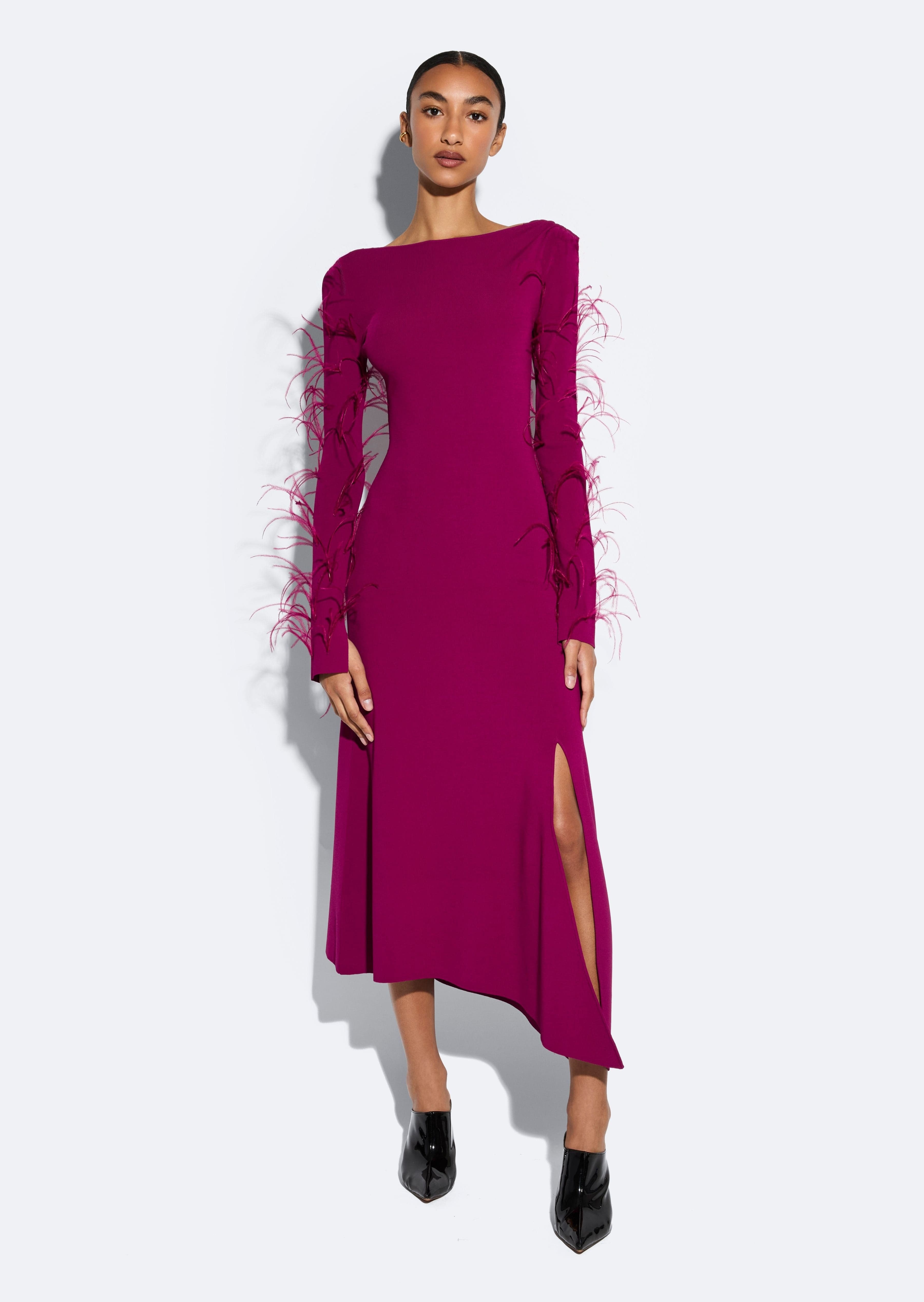 Viscose Boatneck Dress With Feathers - 2