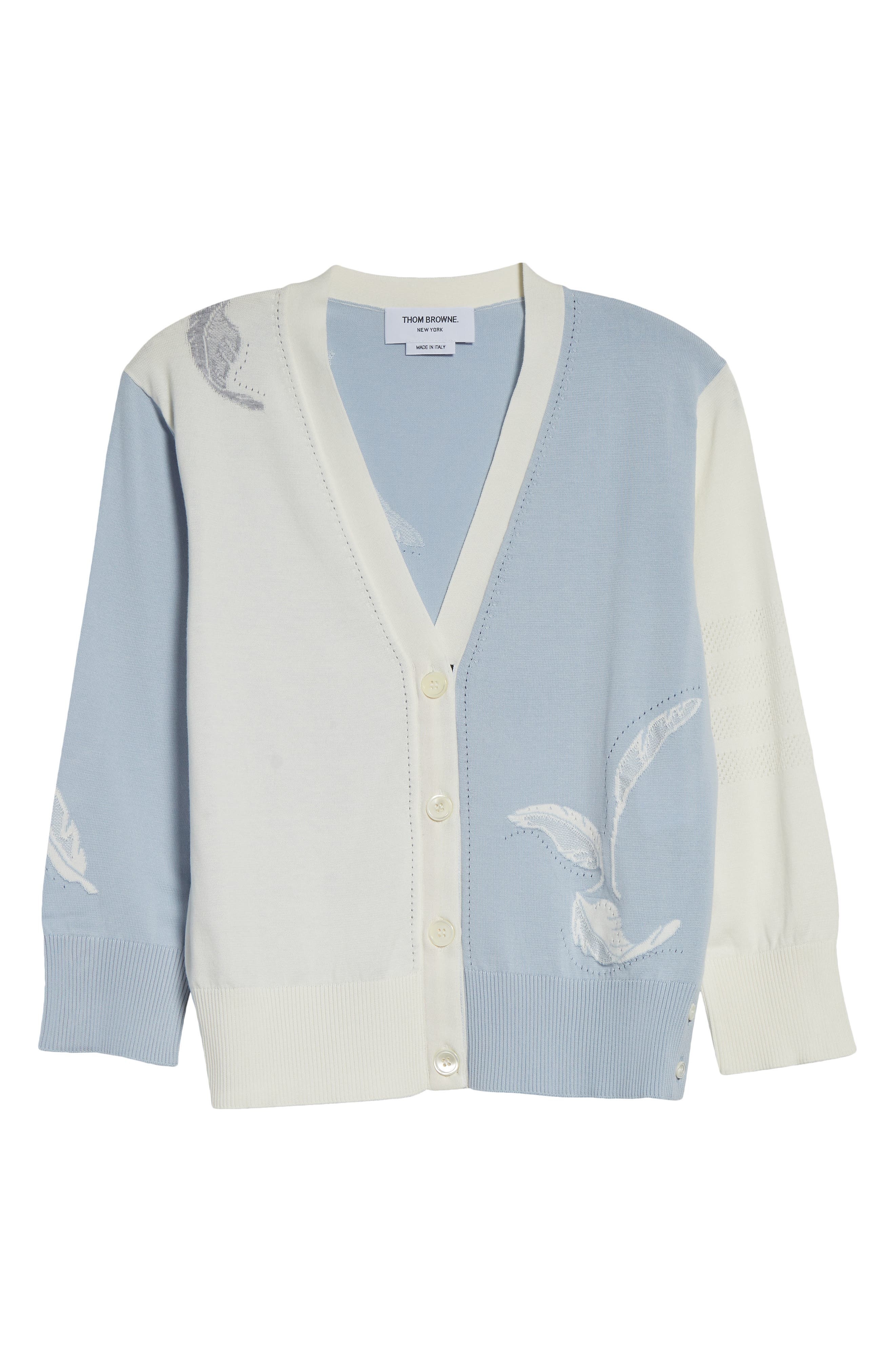 Thom Browne Fun-Mix 4-Bar Feather Intarsia Three Quarter Sleeve Cardigan in Light Blue at Nordstrom - 6