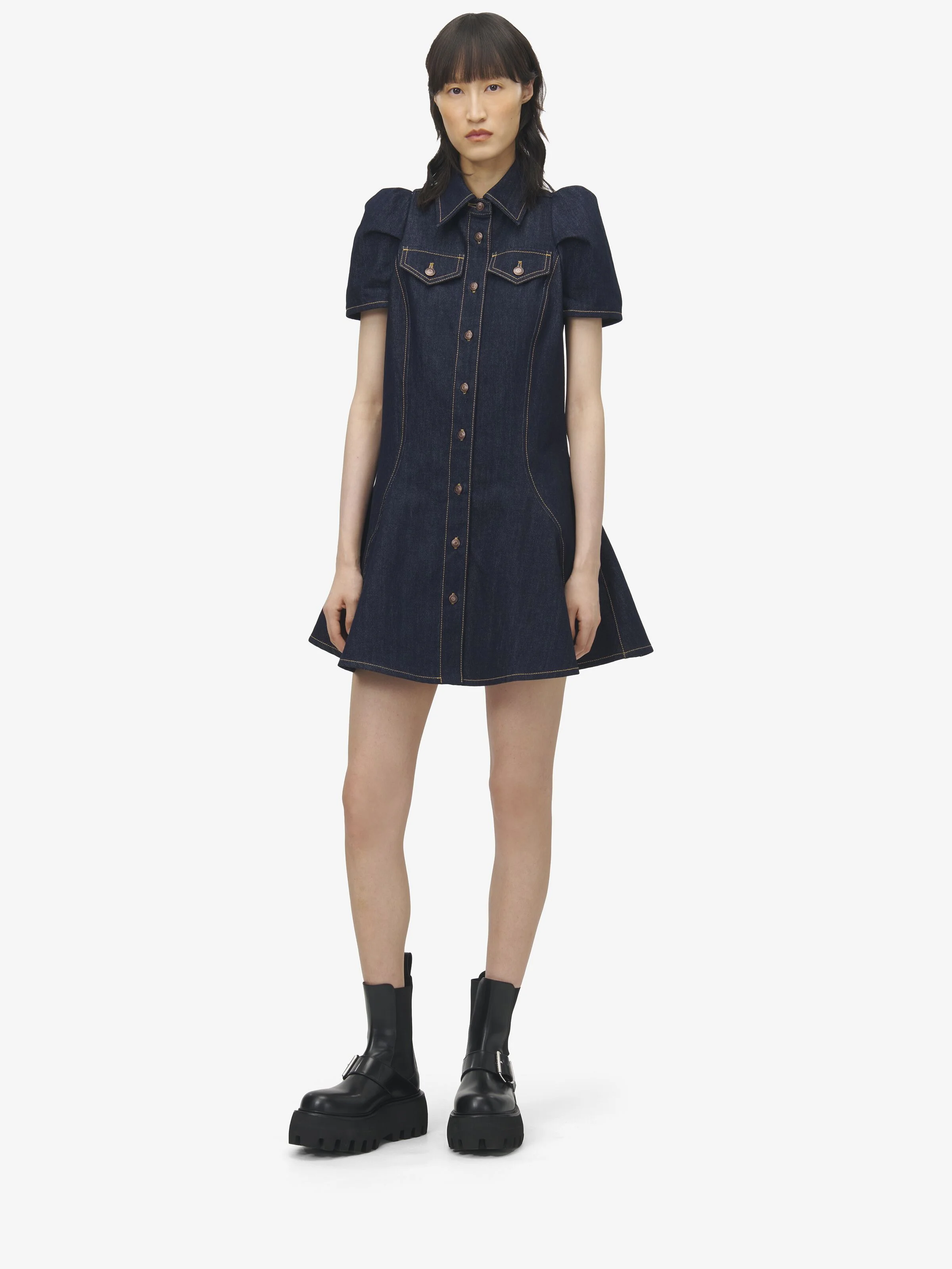 Pinched Shoulder Denim Mini Dress - 1