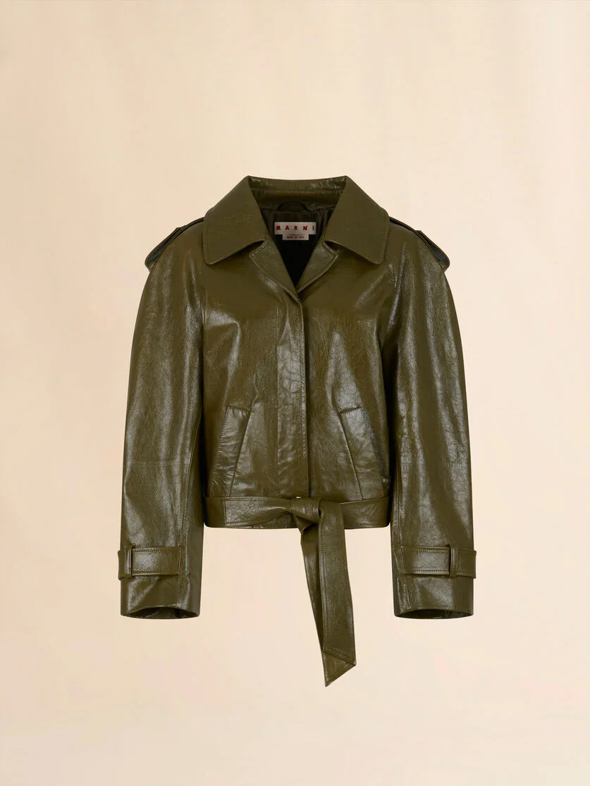 DEEP GREEN LEATHER SHORT TRENCH COAT - 1