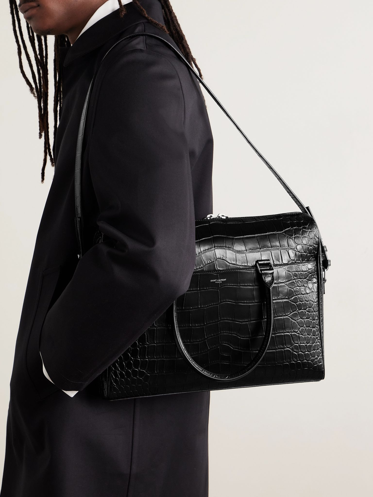 Croc-Effect Leather Briefcase Black - 6