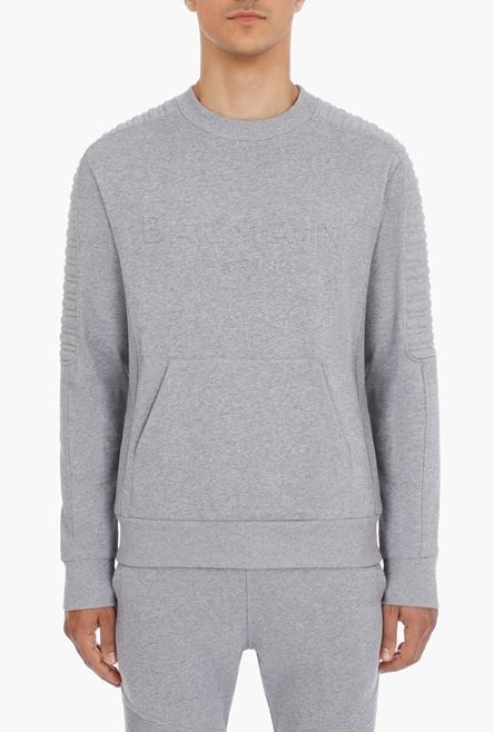 Gray cotton sweatshirt with embossed gray Balmain Paris logo - 5