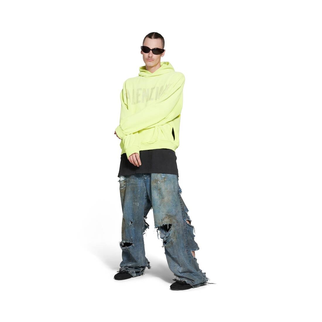 Tape Type Ripped Pocket Hoodie Large Fit in Fluo Yellow - 2