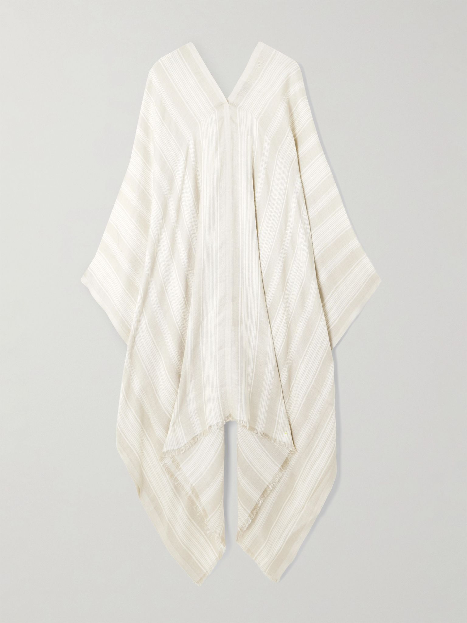 Frayed striped silk and linen-blend poncho Beige - 1